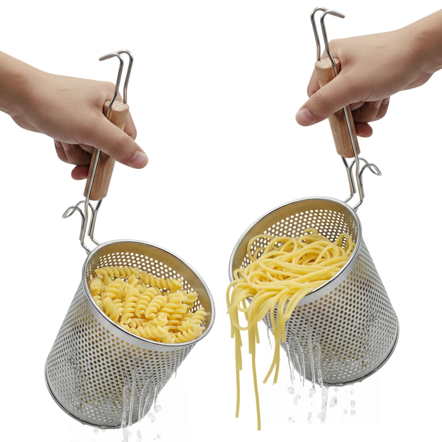 Eggssentials  Pasta Strainer with Handle  Pack of 2 Noodle basket made up of Stainless Steel Mesh  Pasta Basket for Boiling N