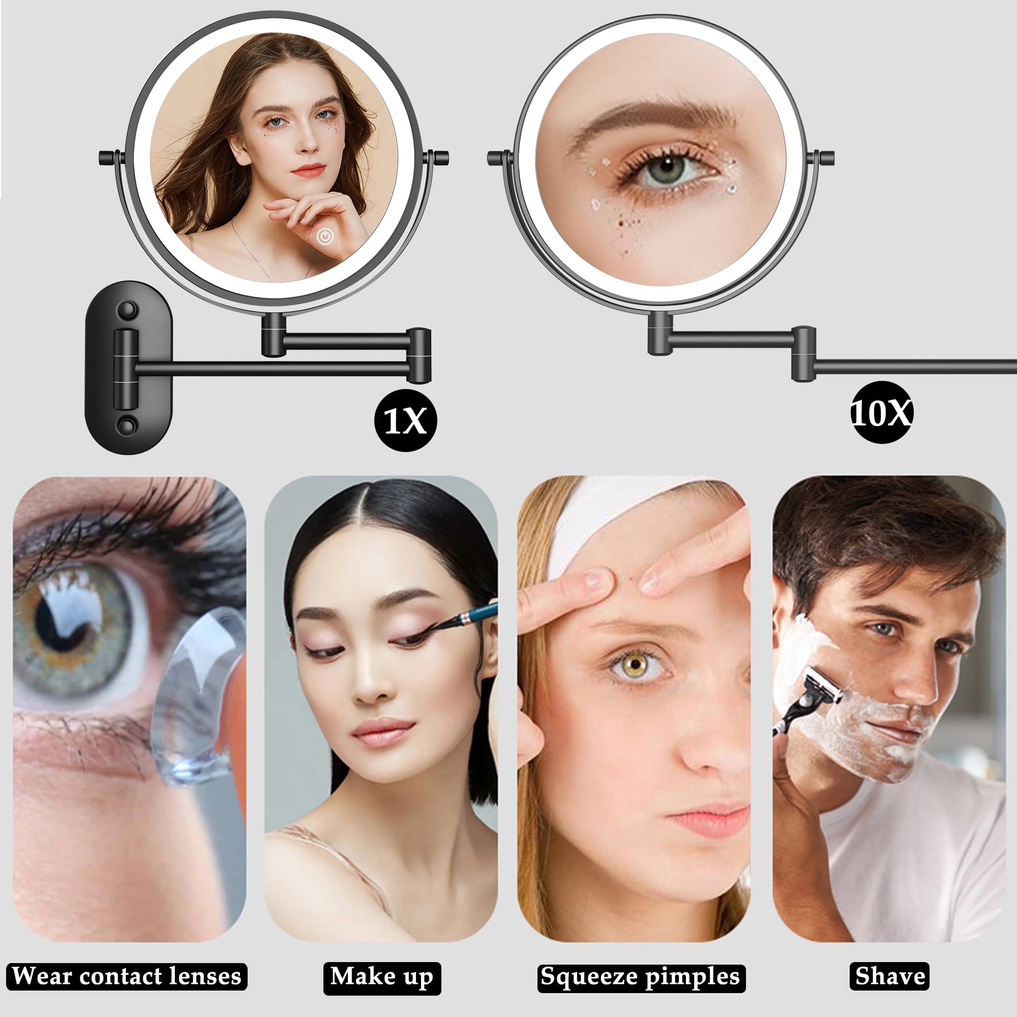 Tushengtu 8Wall Mounted Makeup Mirror With Led 10X Magnifying For Vanity, Bathroom, And Shaving - Usb Rechargeable,Adjustable Br