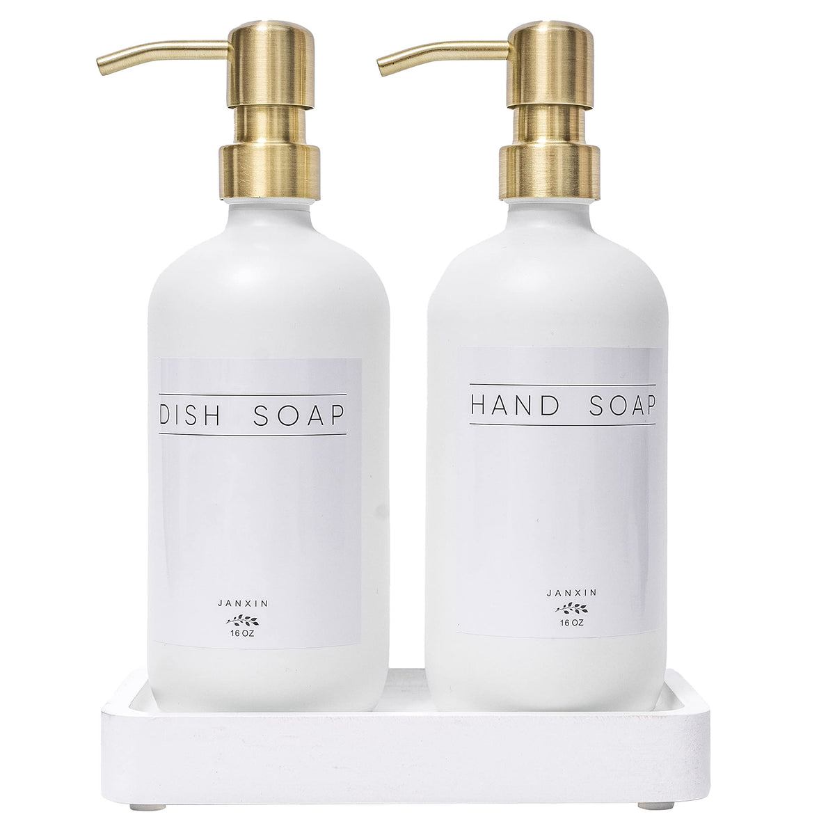 Janxin Glass Soap Dispenser For Kitchen With Stainless Steel Pump And Wood Tray, Modern Bathroom Dispenser With Waterproof Label