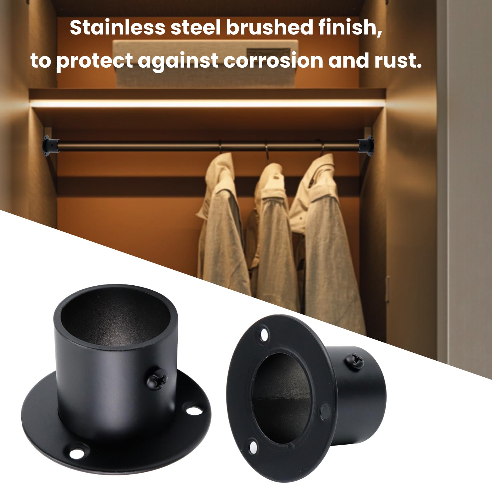 Antrader Stainless Steel Closet Rod Flange Holder Shower Socket Bracket Support, 1-1/4 Inch Dia Matte Black, Pack Of 4
