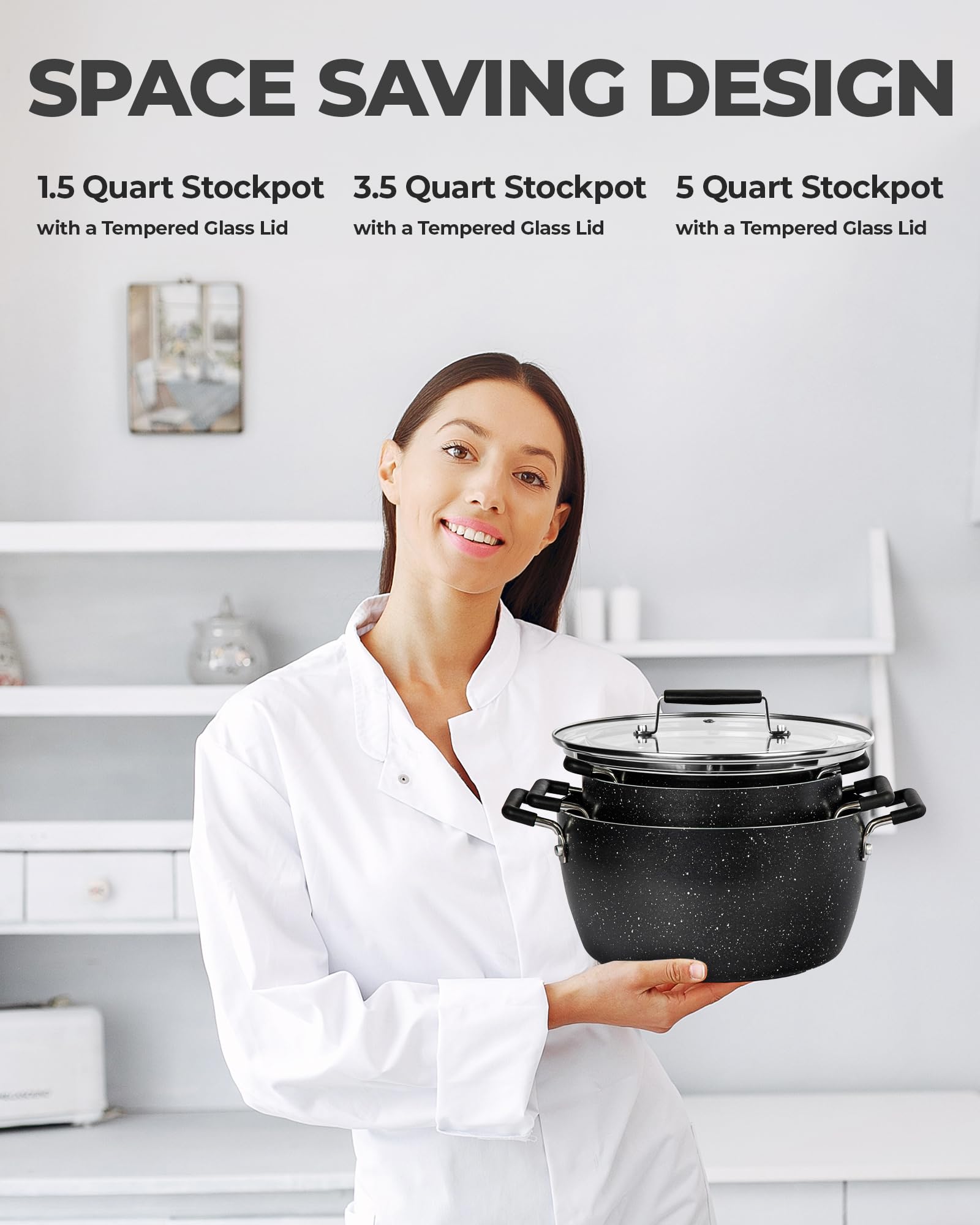 Granitestone Black Pots and Pans Set Nonstick, 6 Stackable Piece Cooking Pots Set, Kitchen Pots, Non Stick Coating, 5qt 3qt & 1.