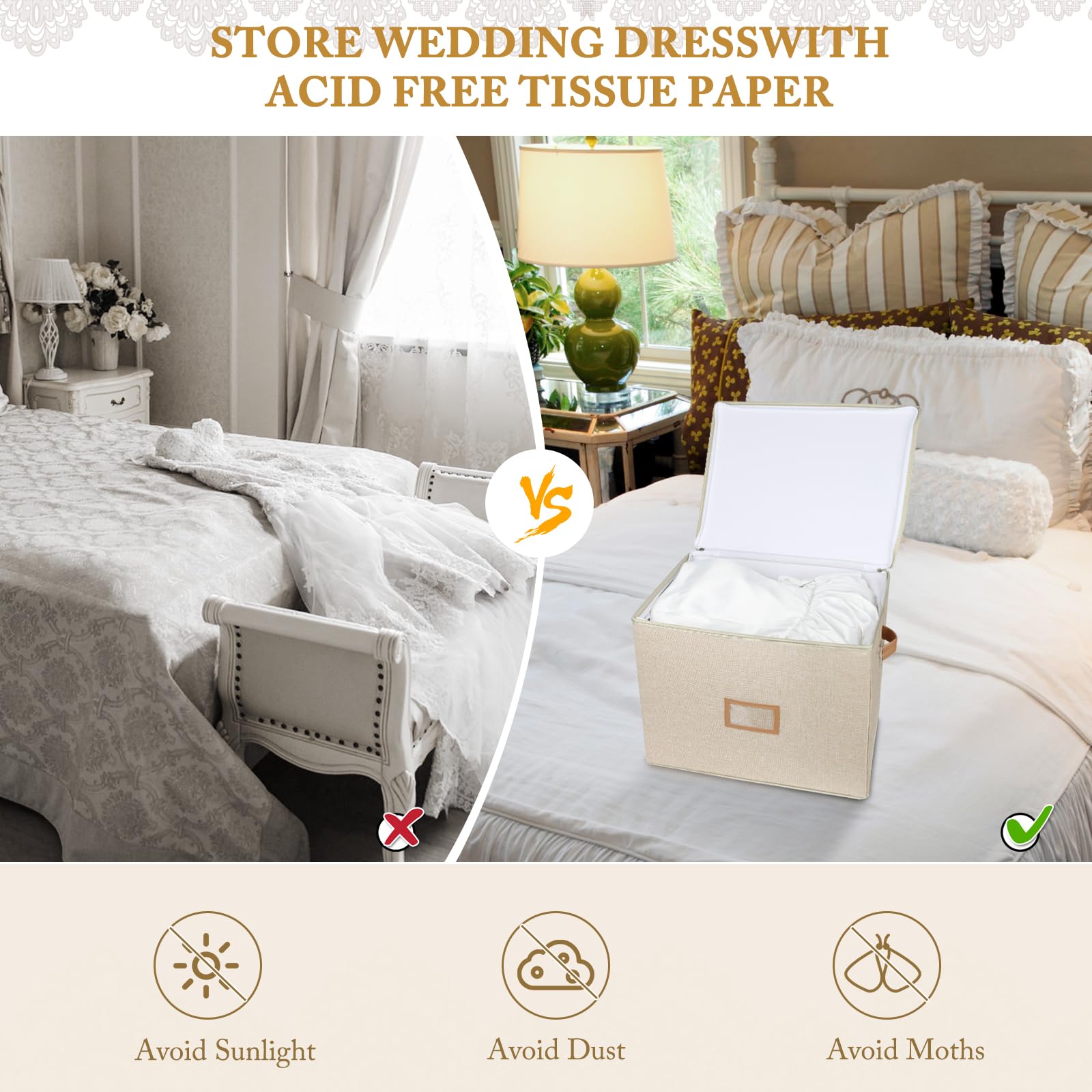 Lukeline Wedding Dress Storage Box, Wedding Dress Preservation Box with Lid, Foldable Acid-Free Organizer with 1 Pair of Microfi