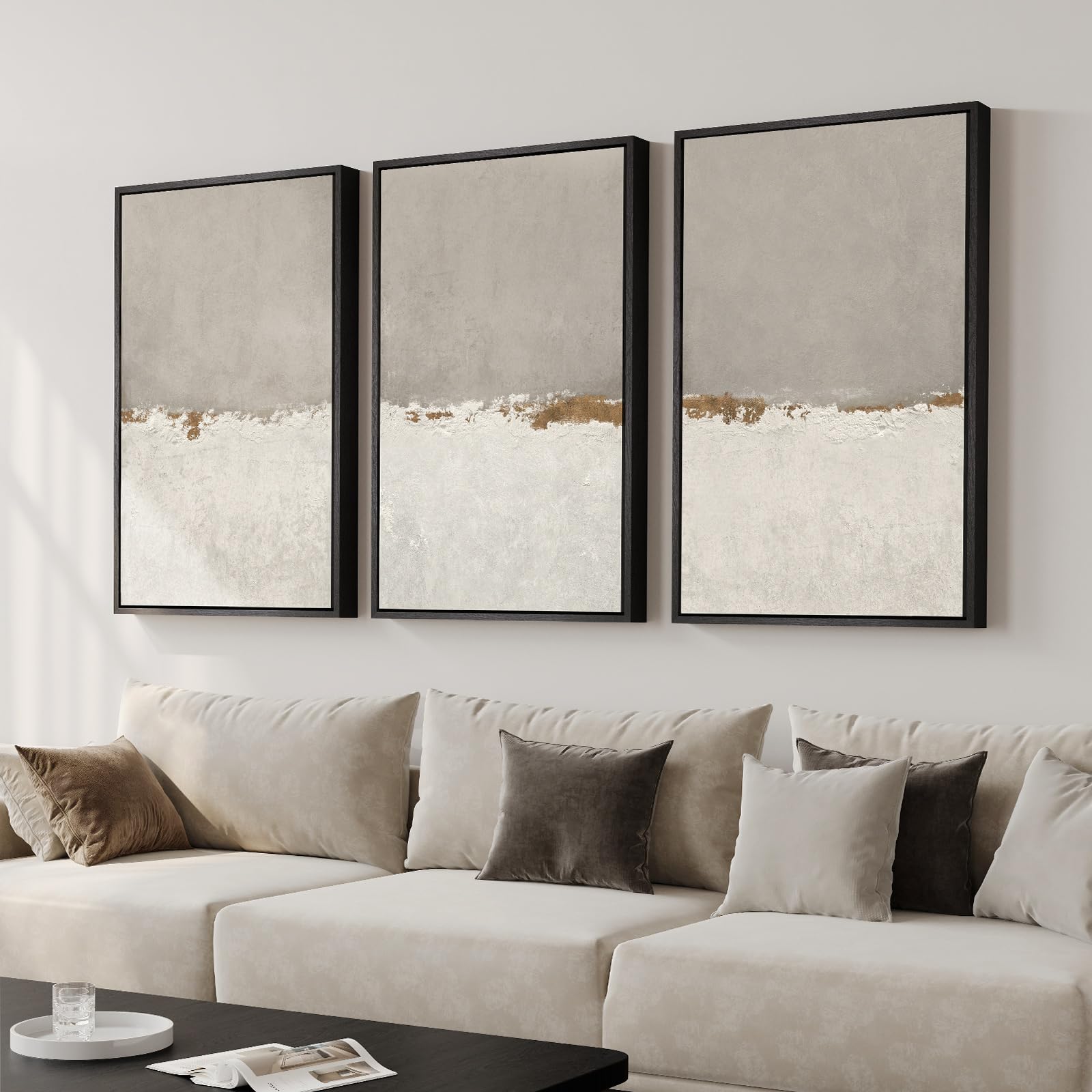 Large Framed Beige Neutral Abstract Wall Art For Living Room, 3 Piece Modern Canvas Prints Paintings Artwork For Walls, Minimali
