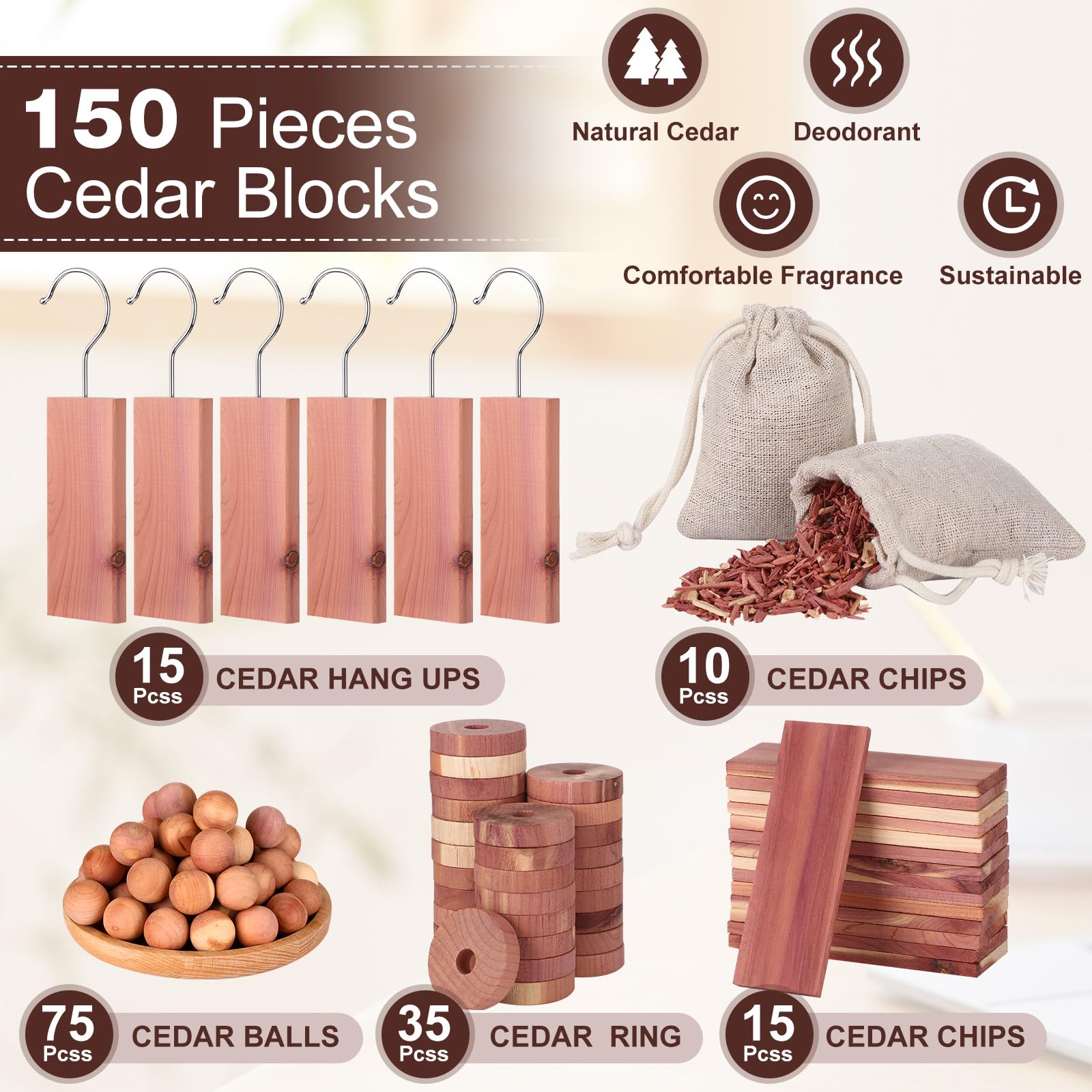 Geetery 150 Pcs Cedar Blocks For Clothes Storage Ceder Balls And Chips Cedar Hang Ups Cedar Rings Cedar Sachets Wood Balls For D