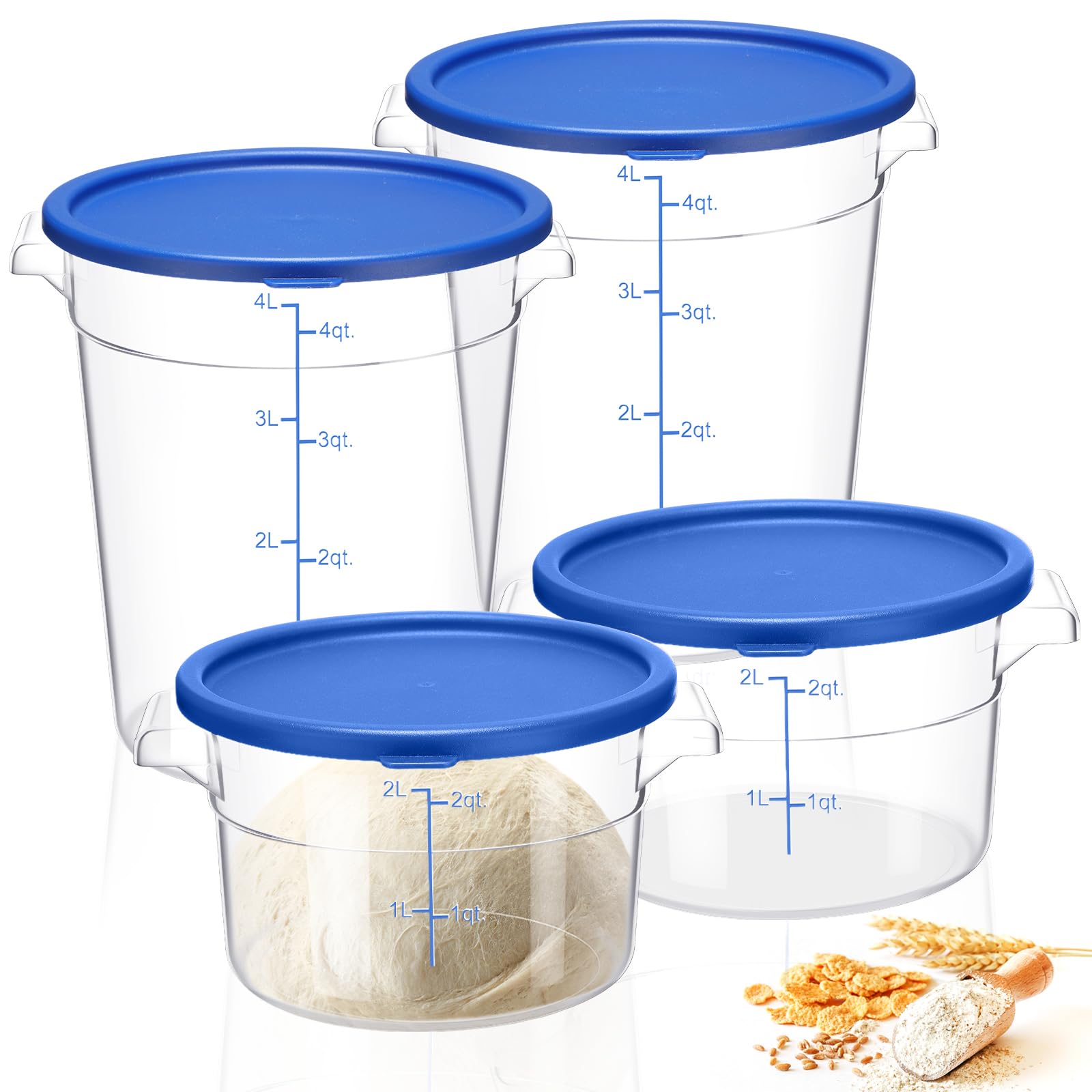 Wenqik 4 Pcs Food Storage Container with Lids Set Proof Dough Round Clear Commercial Containers with Scales and Handles for Brea
