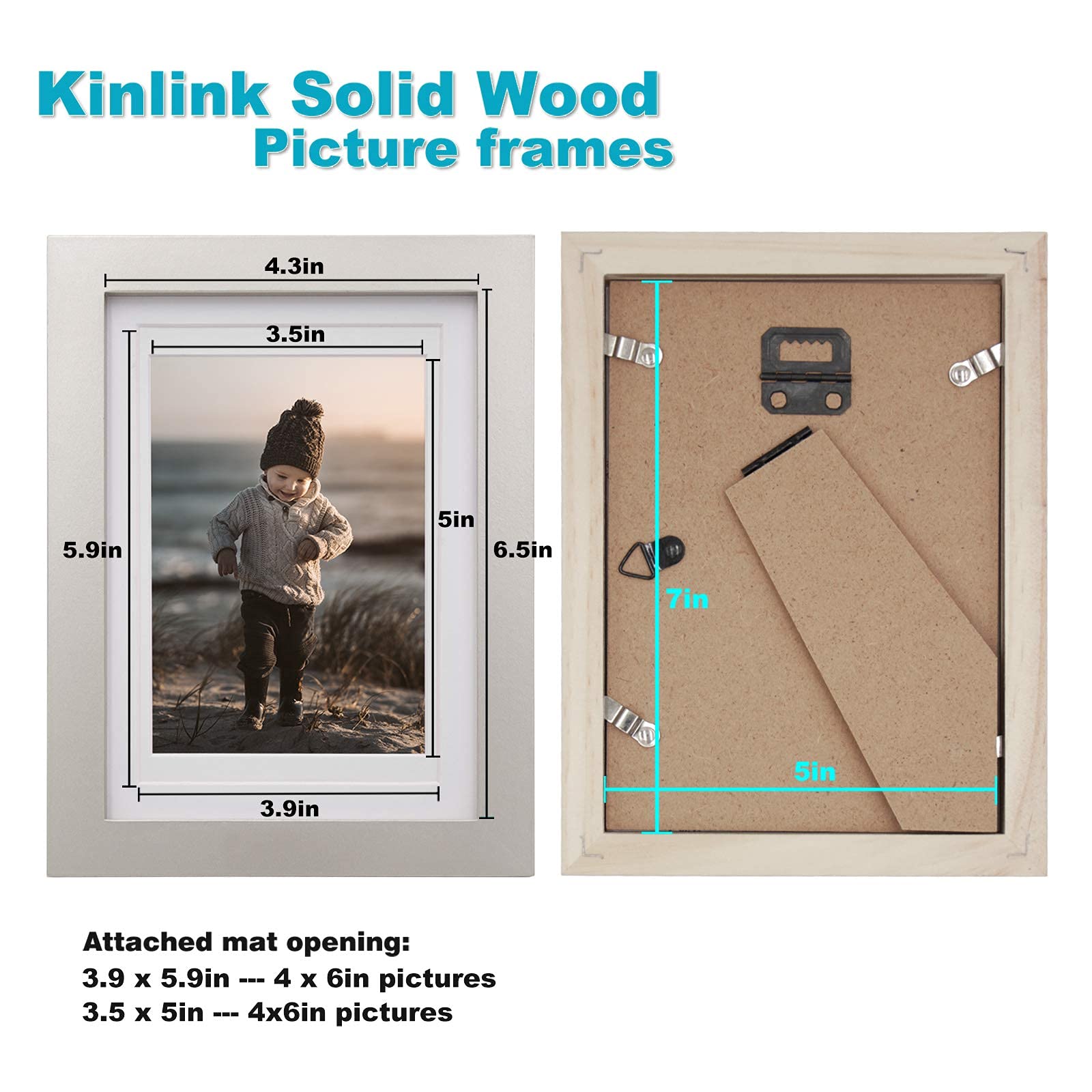 KINLINK 5x7 Picture Frame Light Grey, Solid Wood Frame 5x7 with Acrylic Plexiglass for Pictures 4x6 With Mat,Tabletop and Wall D