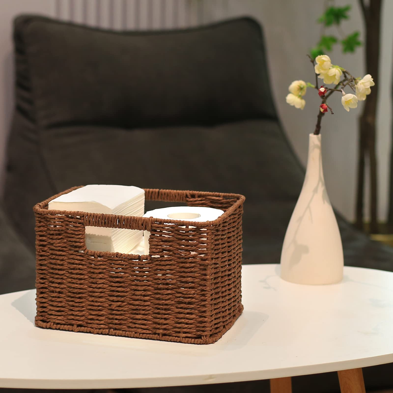 HOONEX Large Woven Baskets for Storage  Paper Rope Baskets with Sturdy Metal Wire Frame  Baskets for Shelves  Set of 3  Dark Brown