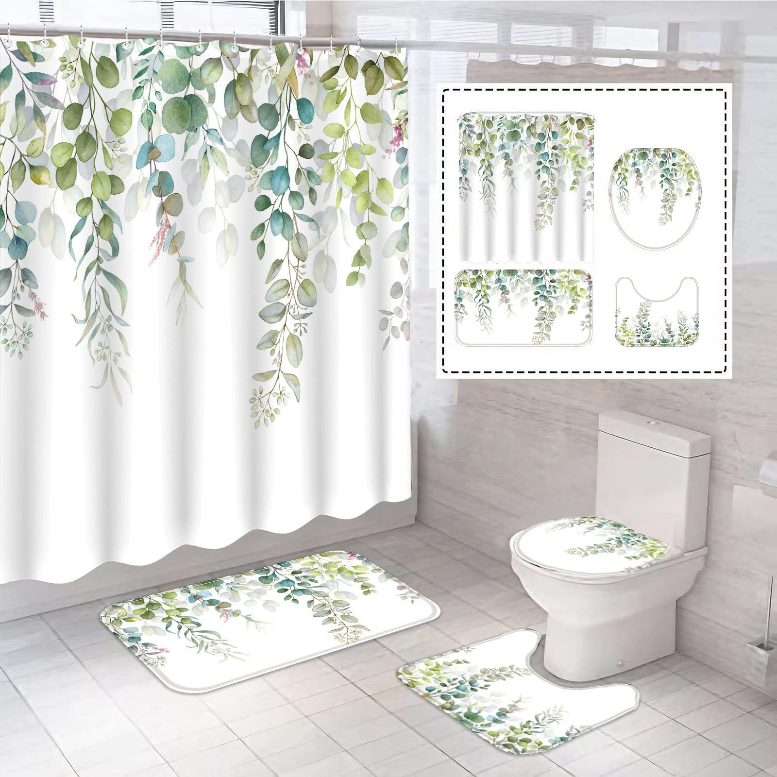 Fungarth 4 Pcs Green Eucalyptus Shower Curtain Set With Rug Teal Plant Leaf Bathroom Sets With Waterproof Fabric Shower Curtain