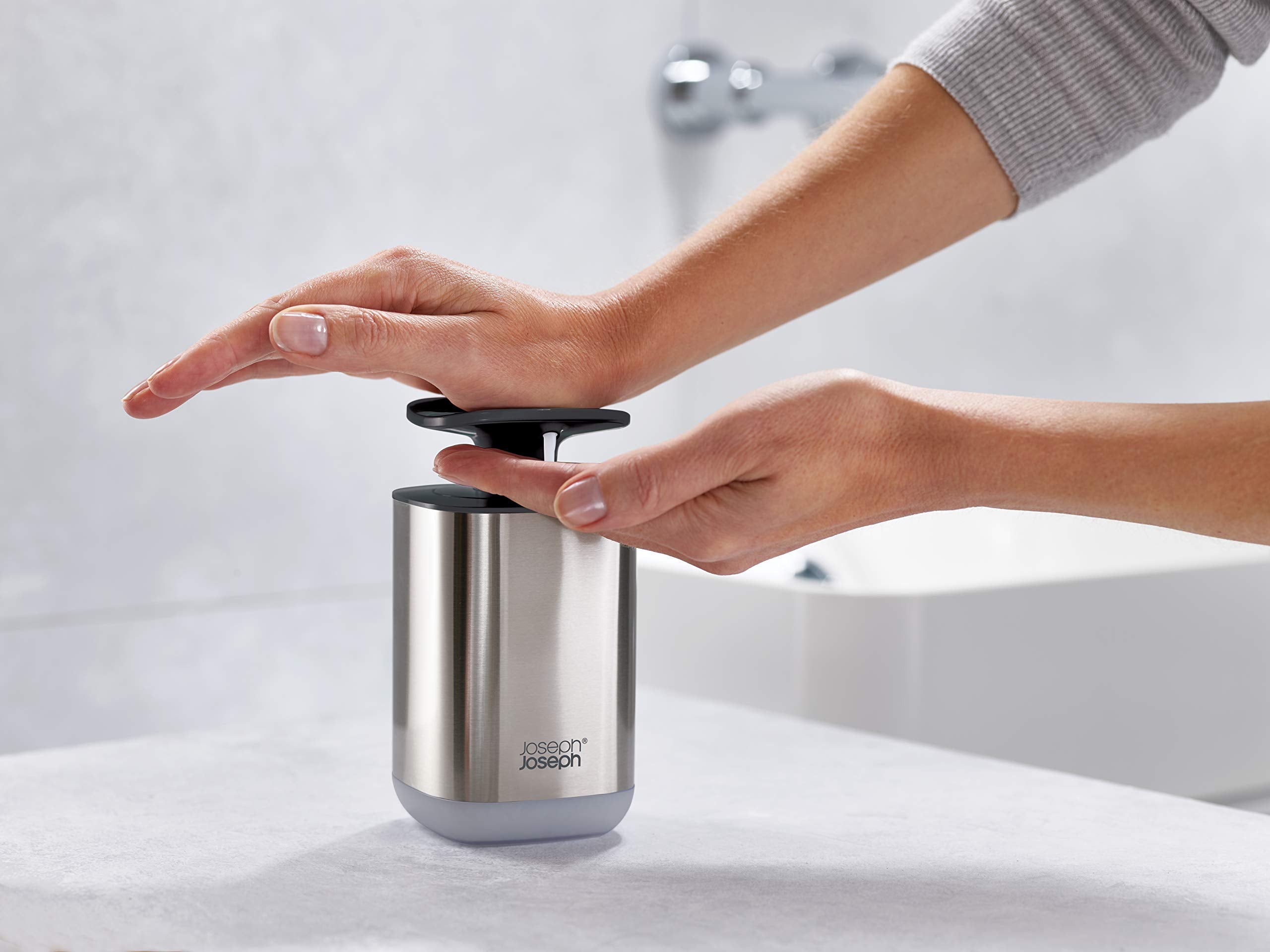 Joseph Joseph Presto Stainless-Steel Hygienic Easy-Push Soap Dispenser With Wide Pump, Stainless Steel/Gray