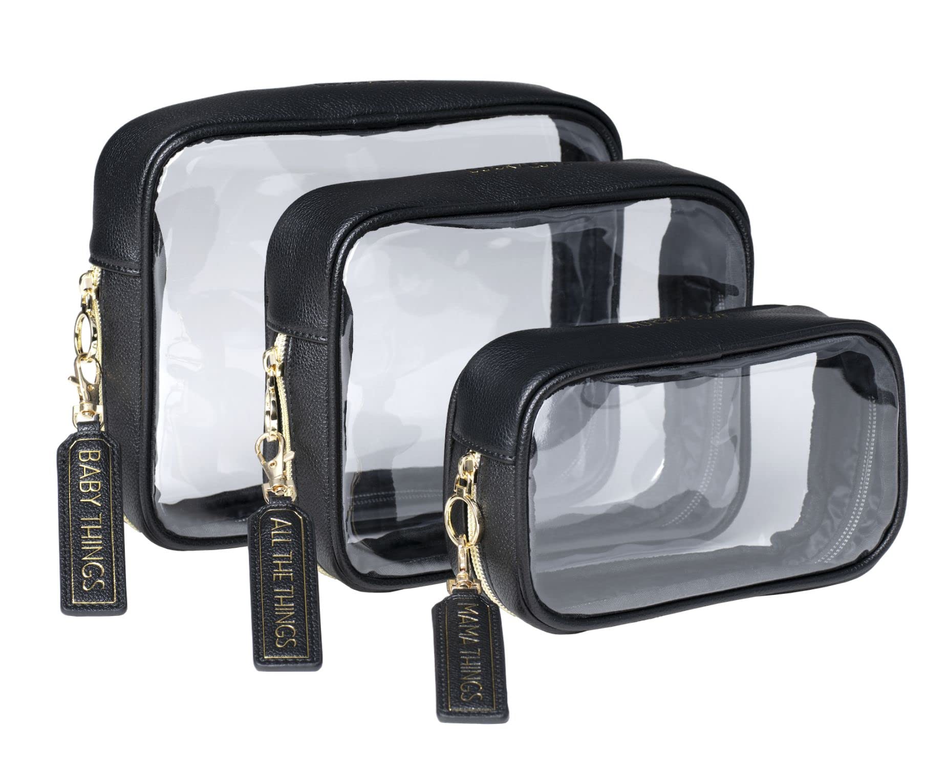 Lucky Love Diaper Bag Organizing Pouches  Set Of 3 Including Diaper Clutch  Dry Wet Bag (Black Clear Trio Pouches Wremovable Tag