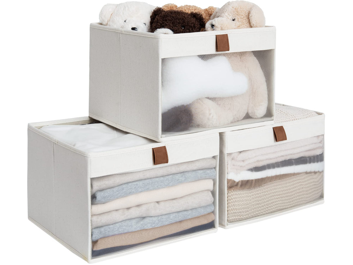 Storageworks Closet Storage Bins With Clear Window And 2 Handles, Foldable Clothing Bins For Shelves, Large Fabric Organizer, Be
