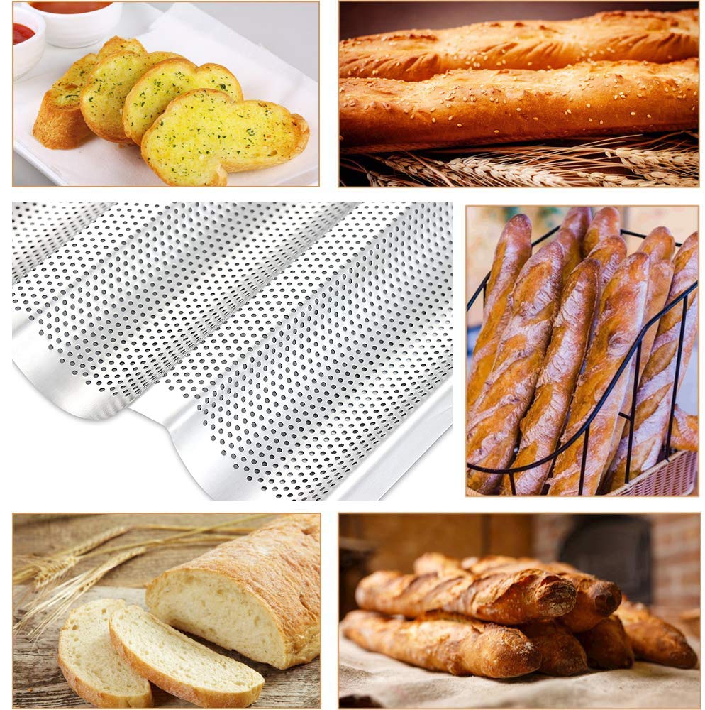 Ayccnh 2 Pack Stainless Steel French Baguette Bread Pan, Perforated Loaf Pans For Baking 15''X10'', 3 Waves Toaster Oven Baking