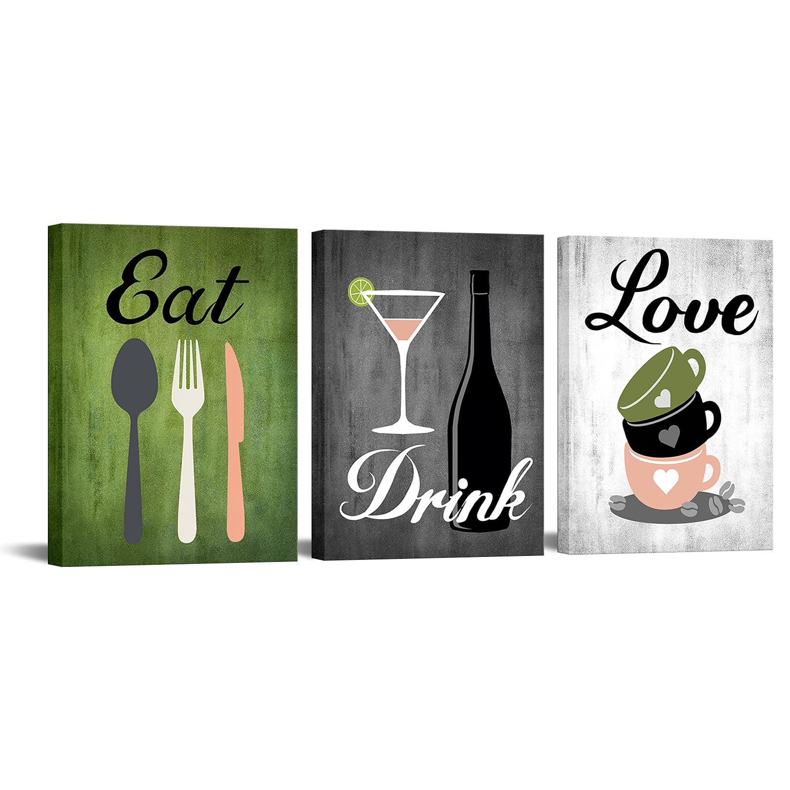 Canvas Set Of 3 Green And Grey Modern Kitchen And Dining Room Wall Art Home Decor Abstract Eat Drink Love Theme Canvas Prints Pi