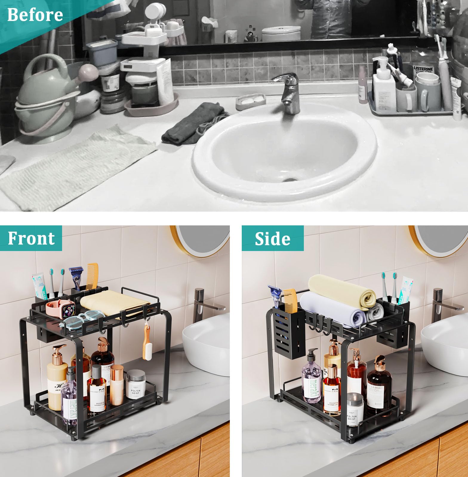 Bathroom Counter Organizer Rack, 2 Tier Bathroom Countertop Organizer With 2 Side Basket For Men Women, Metal Standing Bathroom