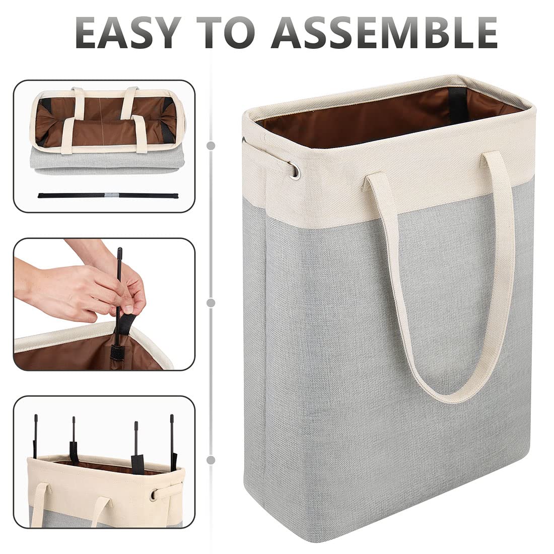 i BKGOO Laundry Basket with Handles Beige&Silver Slim Laundry Bin Collapsible Dirty Clothes Basket Narrow Laundry Bag Foldable Dirty Hamper for Camping  Dorms  Apartments