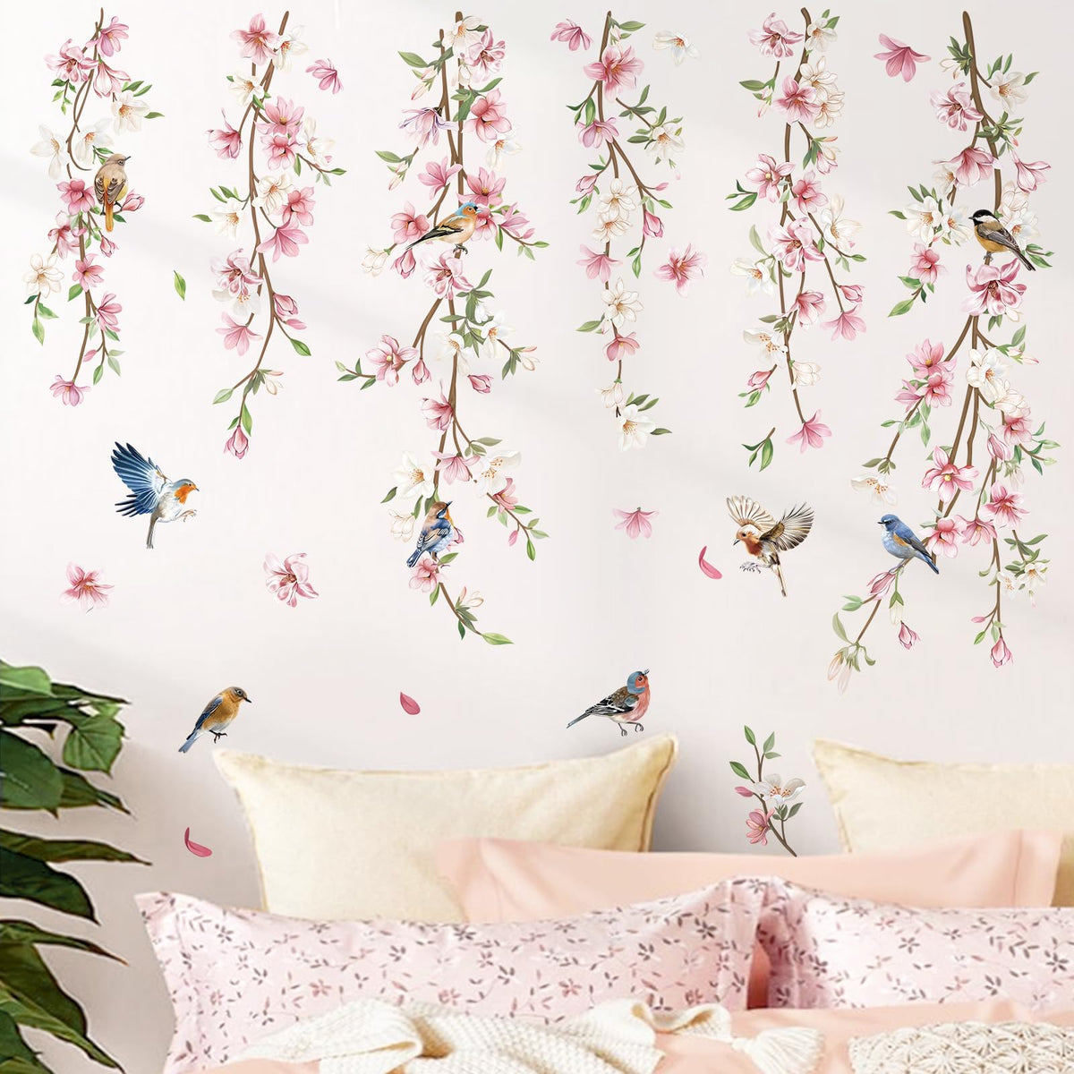 Decalmile Hanging Flower Vine Wall Decals Pink Floral Leaves Birds Wall Stickers Bedroom Living Room Sofa Tv Background Wall Dec