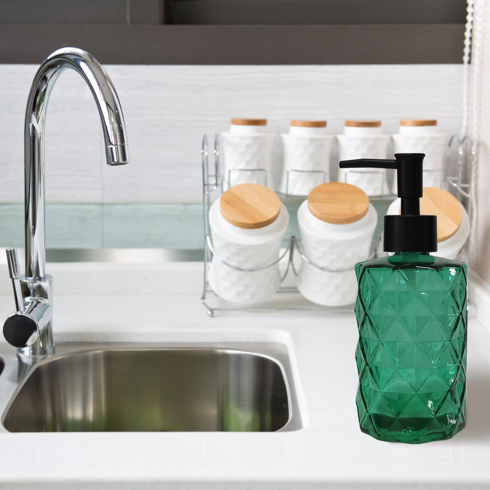 Green Bathroom Soap Dispenser Set With Black Plastic Pump, 12Oz Glass Lotion Dispenser, Crystal Hand Soap Dispenser For Modern H