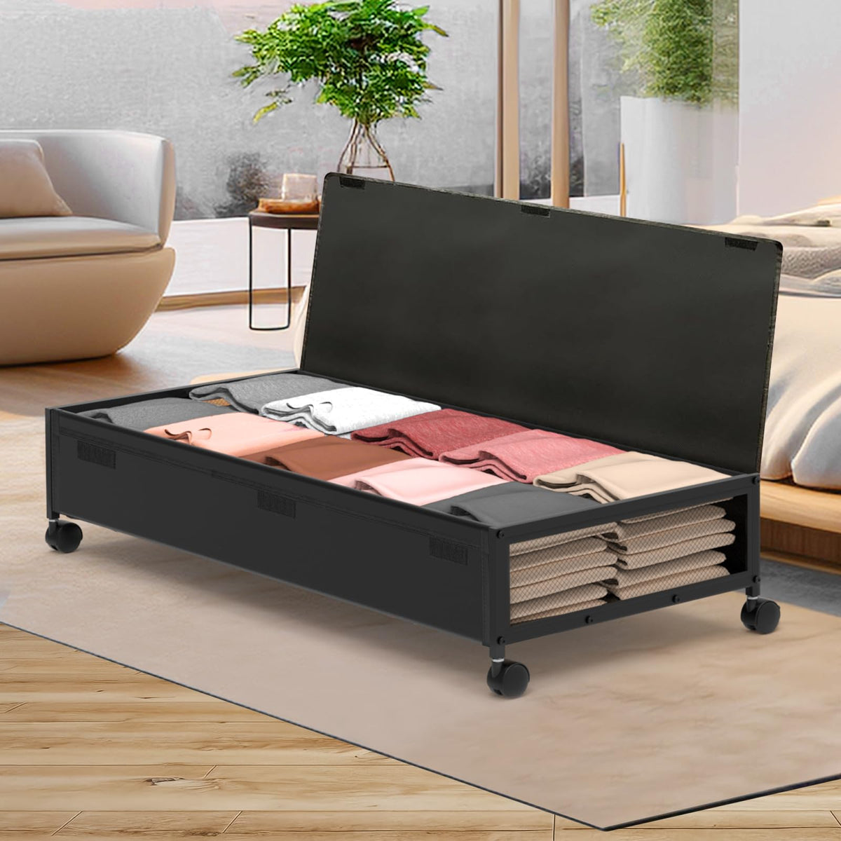 MixcMax Underbed Storage Containers with Wheels - Lengthen Under Bed Storage Bins With Lids, Large Capacity Metal Clothes Organi