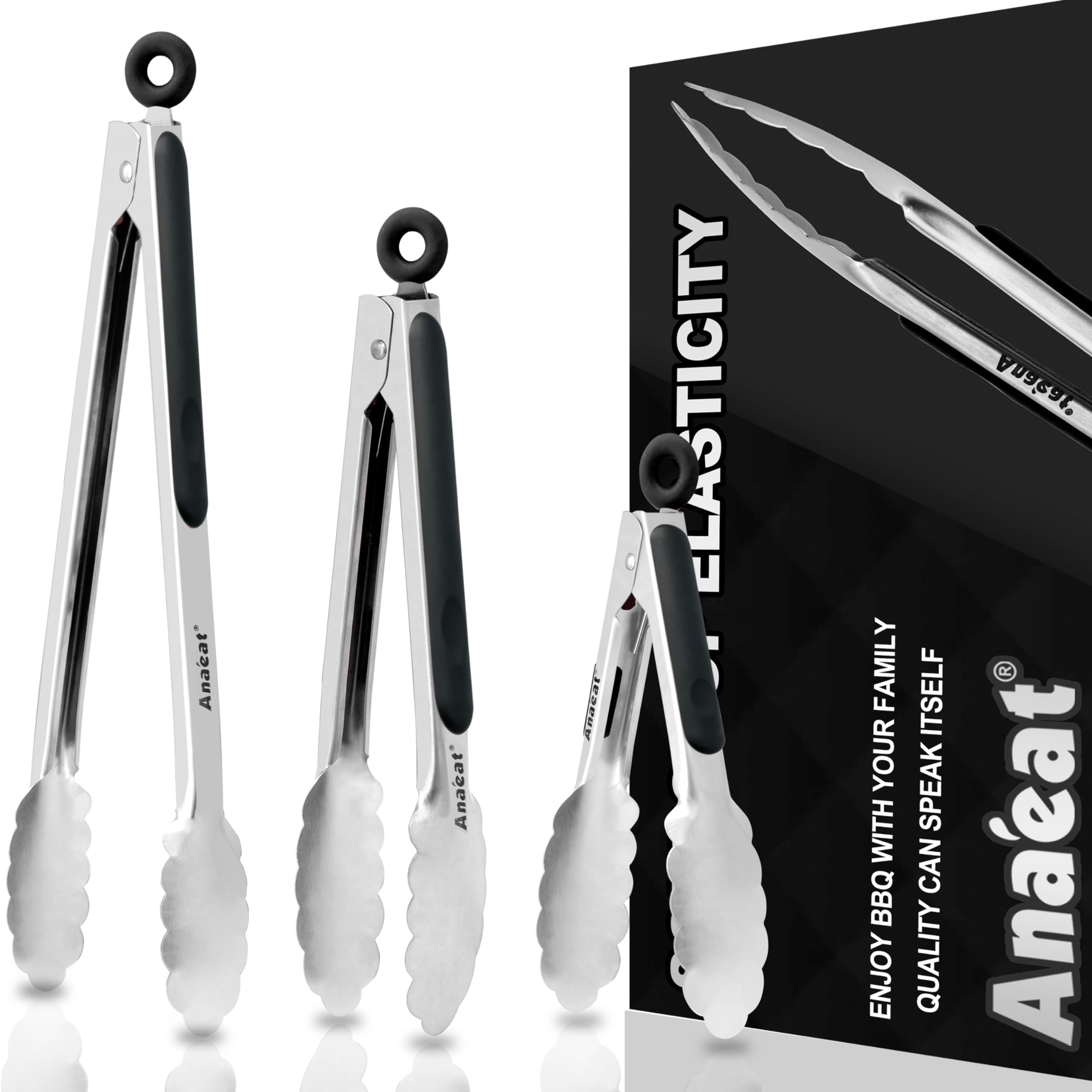 Anaeat Premium Kitchen Locking Tong Set Of 3 - Heavy Duty Stainless Steel Food Tongs With Long Handle & Non-Slip Silicone Grip F