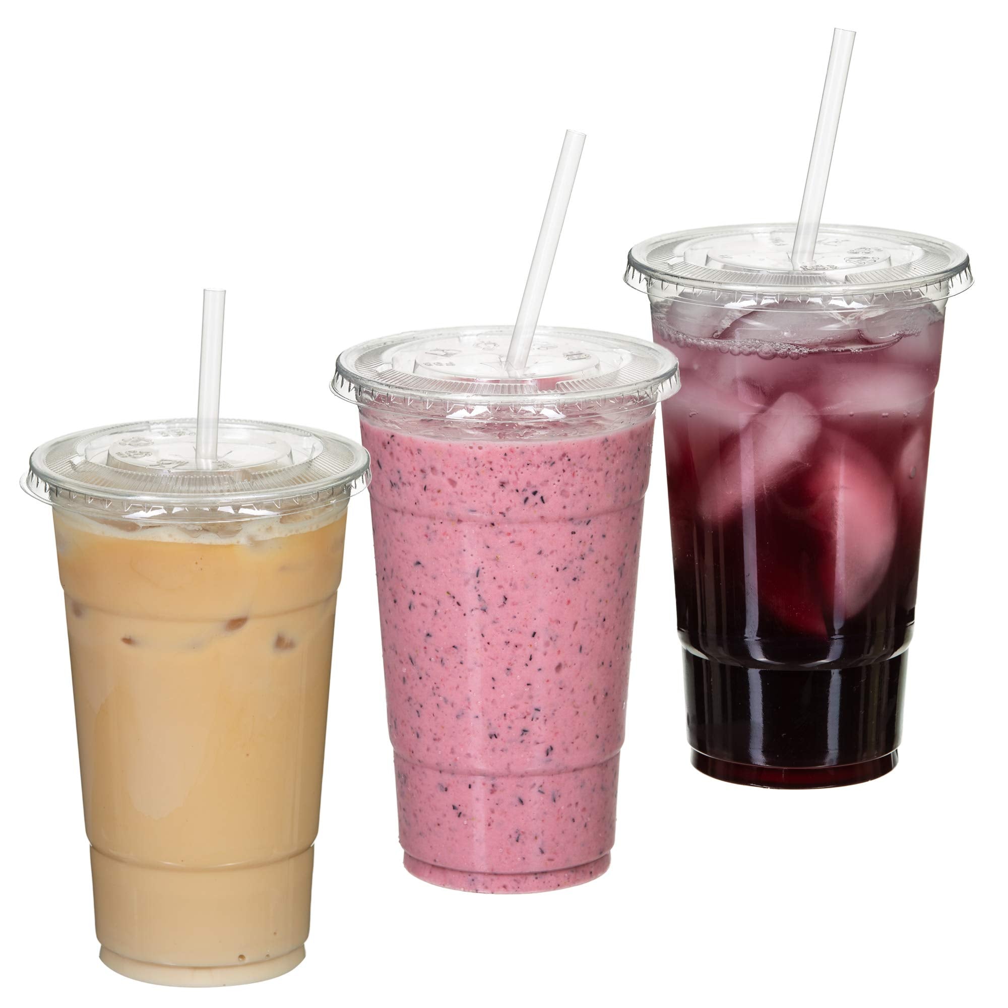 Quiddity Ware 100 Sets (16Oz) Disposable Crystal Clear Plastic Cups With Flat Lids And Straws