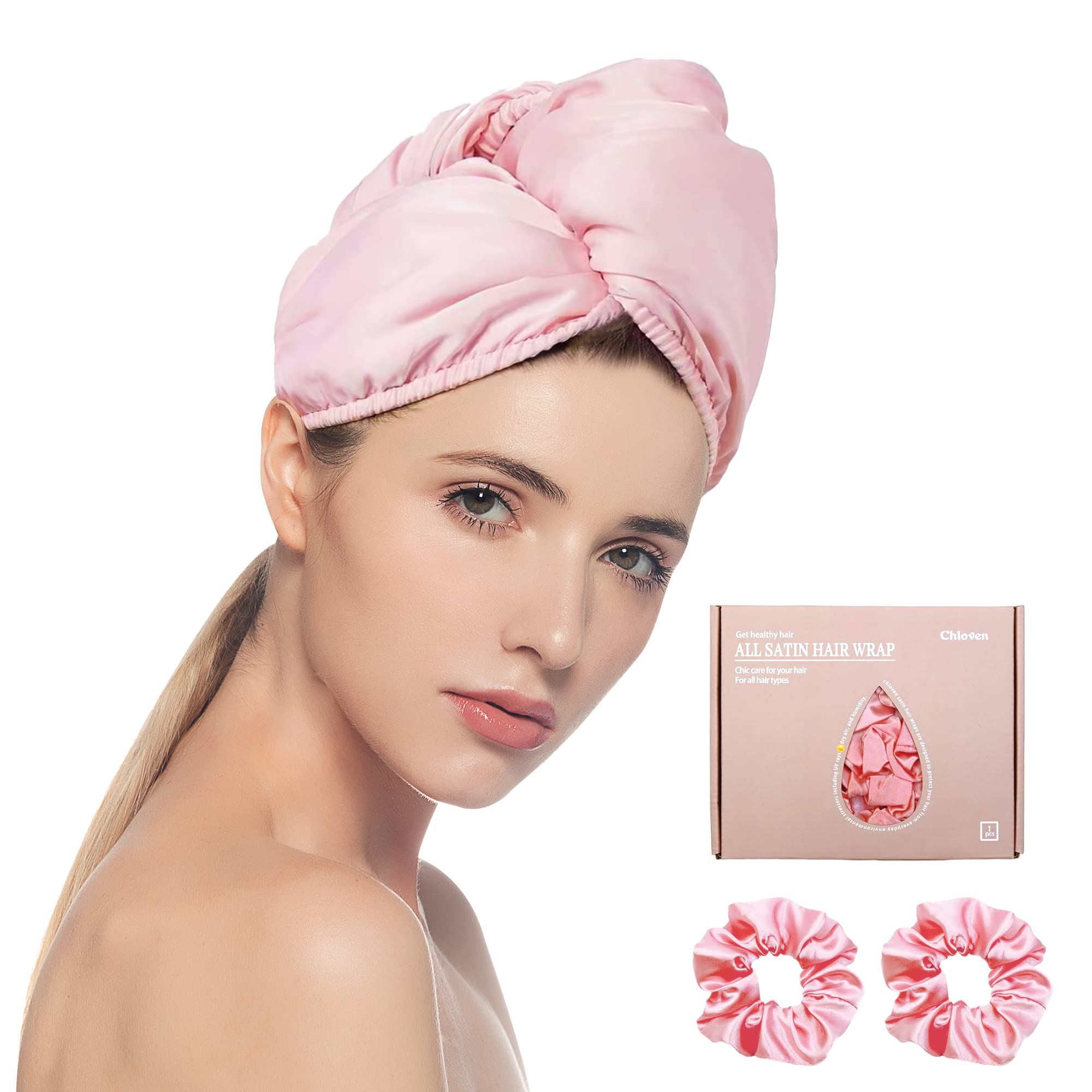 Chloven Satin Hair Towel Wrap - Satin Silk Hair Wrap for Sleeping, Large Hair Wrap Towels with Scrunchies, Anti Frizz Hair Dryin