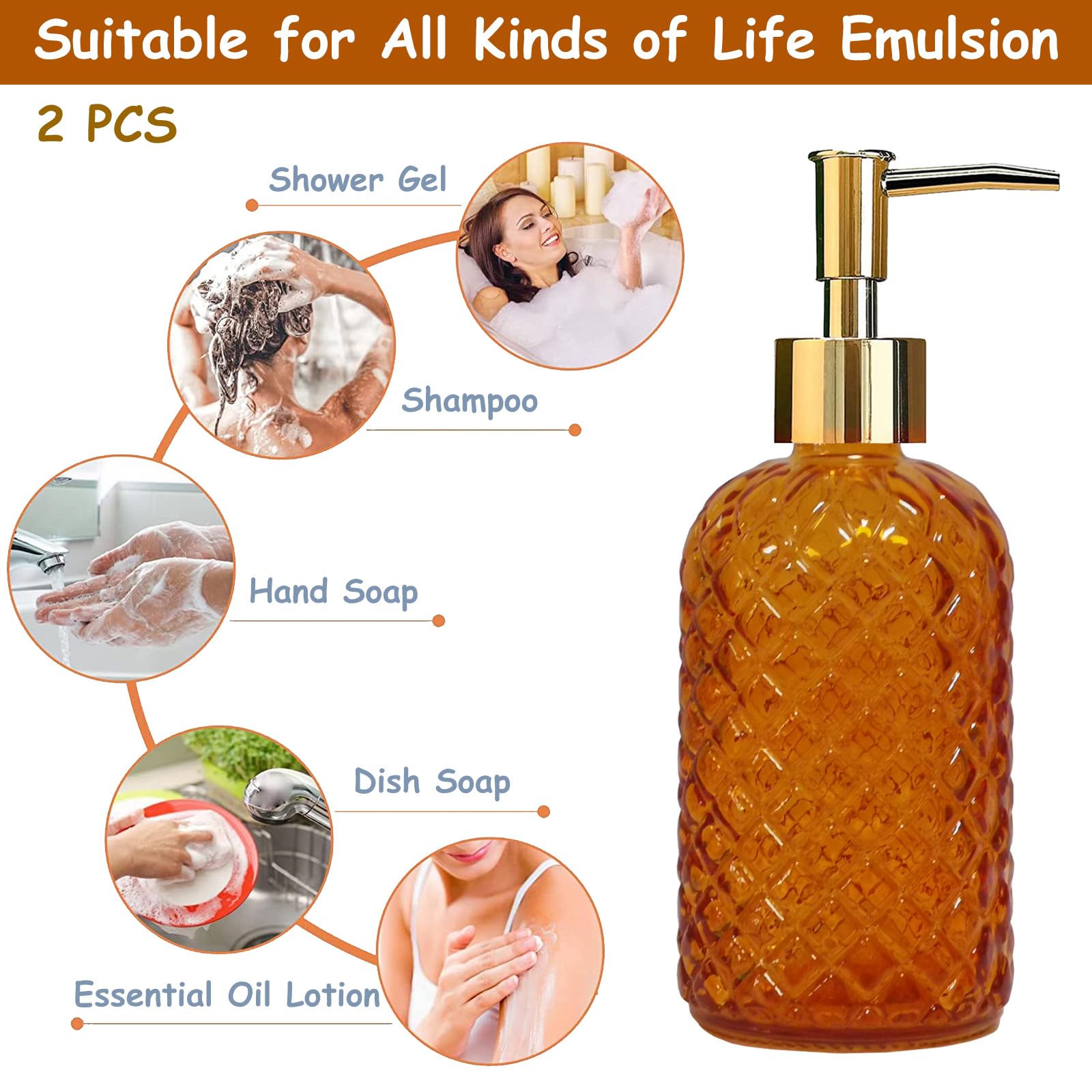 Orange Glass Soap Dispenser, 13.5Oz Bathroom Hand Dispenser, Lotion Dispenser With Gold Plastic Pump For Modern Home Decor, Kitc