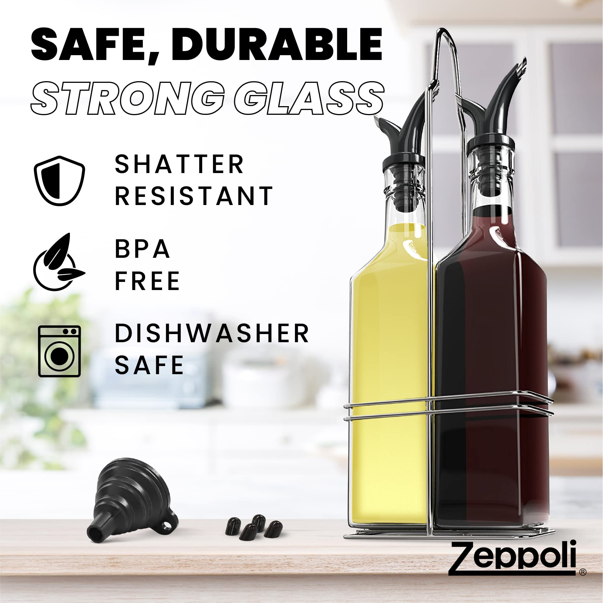 Zeppoli Oil and Vinegar Bottle Set 17oz - Comes with Stainless Steel Rack  Removable Cork  Funnel  and Spout Caps - Dual Cork Spout - Glass Olive Oil Dispenser Set