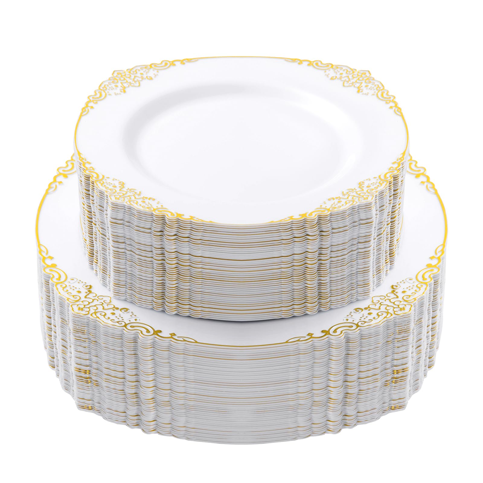 Bestluck 100 Pcs White And Gold Plastic Plates For 50 Guests, Gold Disposable Plates Include 50 Pcs Dinner Plates, 50 Pcs Desser
