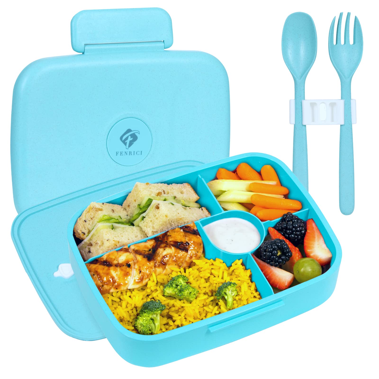 Fenrici Bento Box Lunch Box For Kids And Teens, Made With Wheat Straw, 5 Leakproof Compartments, Bpa-Free Bento Box, Microwave A