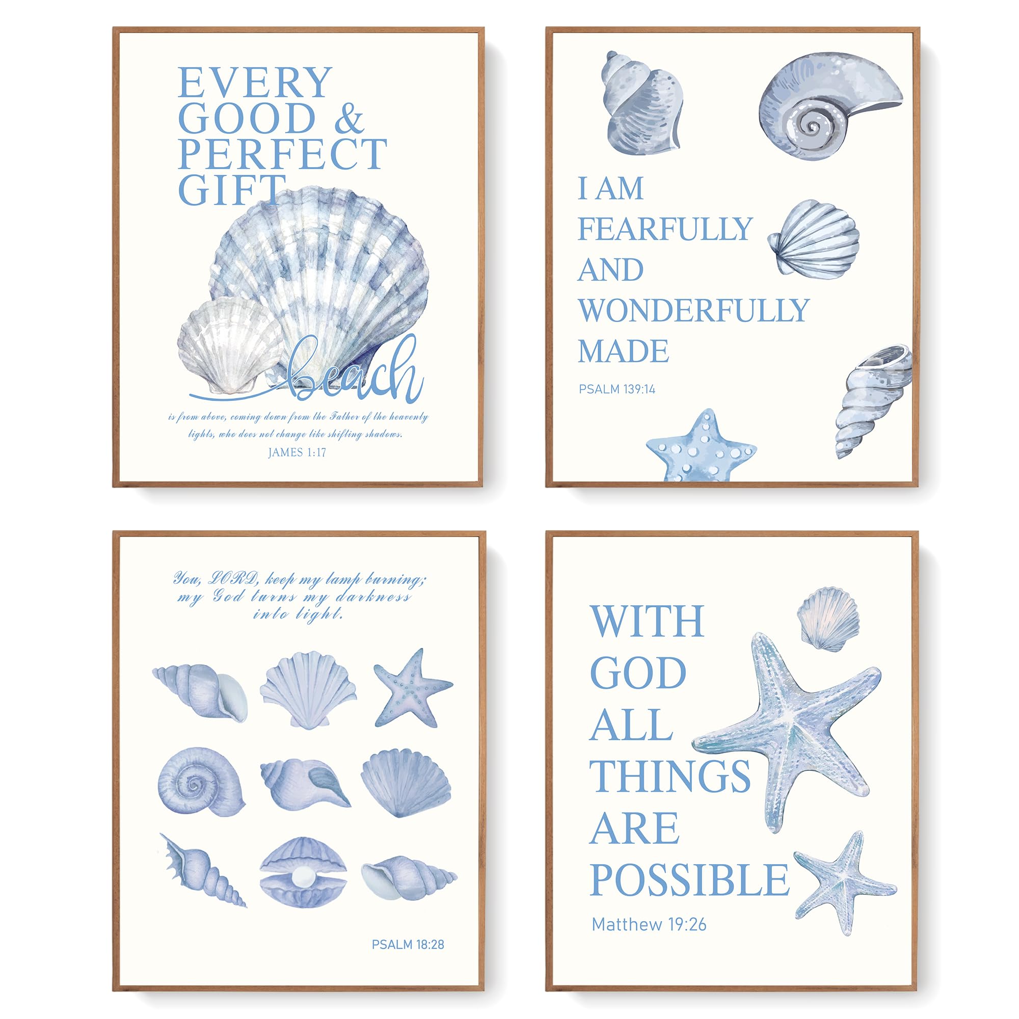 Lartsfro Beach Ocean Blue Christian Bible Wall Art Decor Posters, Coquette Shells Christian Room Bathroom Bedroom Dorm Wall Art 