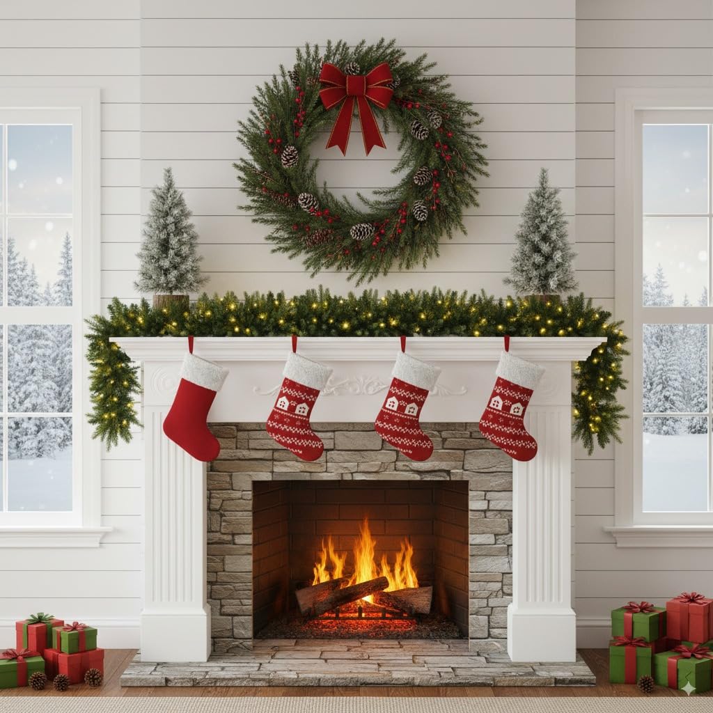 9FT Artificial Christmas Snow Garland with 50 Clear Lights, Pulg in, Pine Cone, Red Berry, String Light for Outdoor Indoor, Home