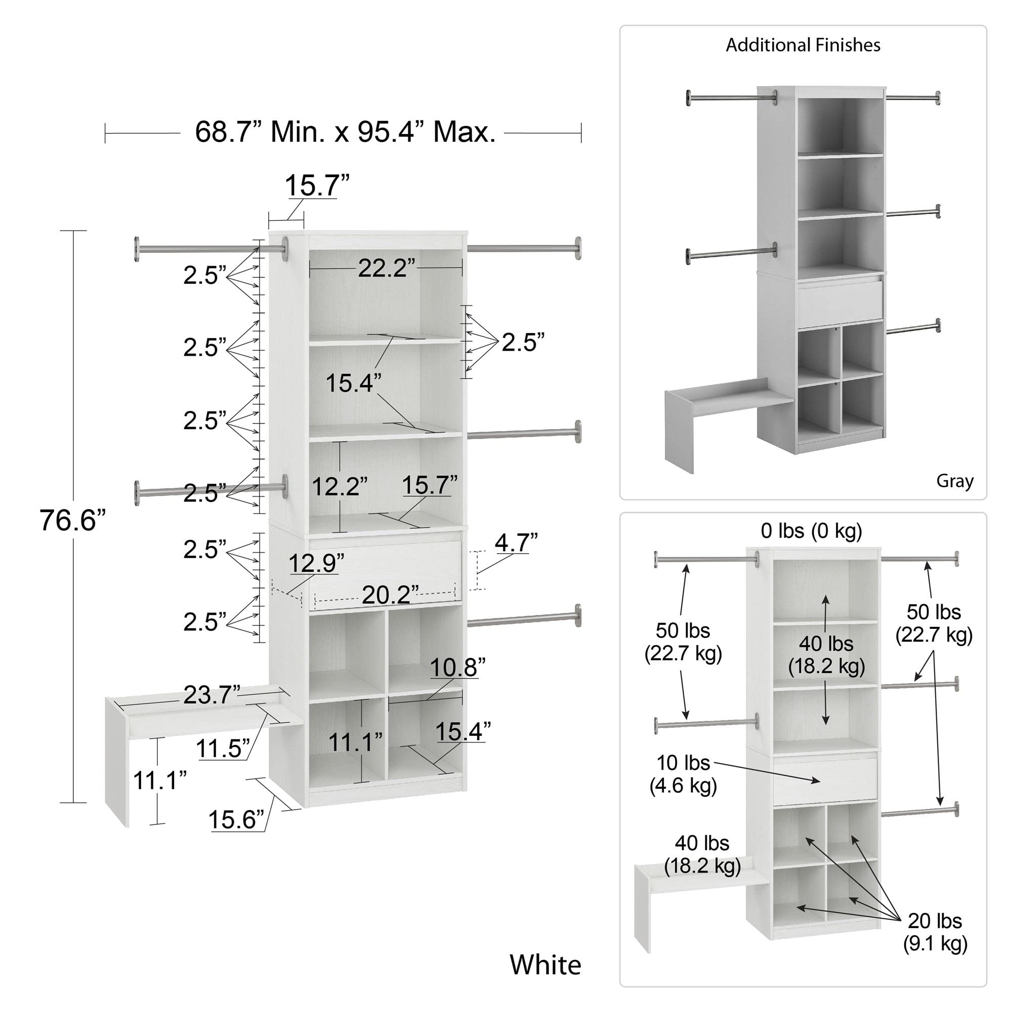 Little Seeds Grow With Me Adjustable Kids Closet Organizer System, 15.69'' D X 95.44'' W X 76.62'' H, White
