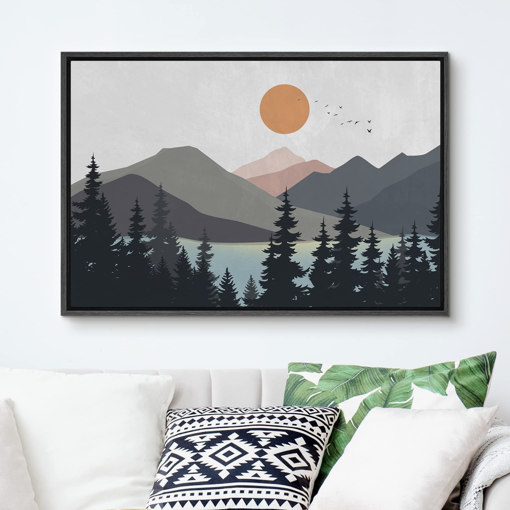 Signford Framed Canvas Print Wall Art Woodland Nursery Decor Pastel Mountain Pine Tree Lake Nature Wilderness Modern Art Decorat