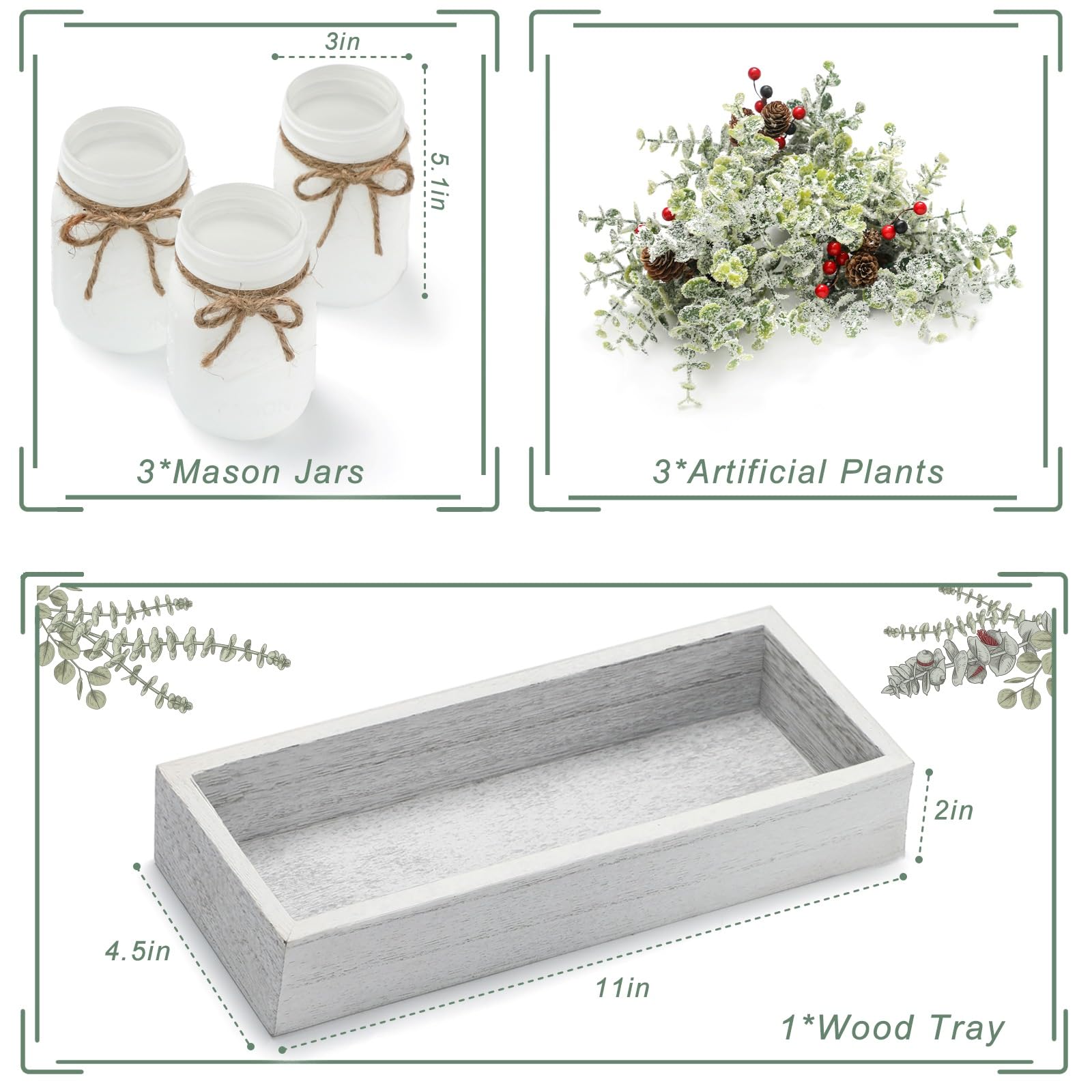 Christmas Mason Jars, Set of 3 White Painted Jars with Artificial Pine and Berries in Wood Tray, Christmas Centerpieces for Dini