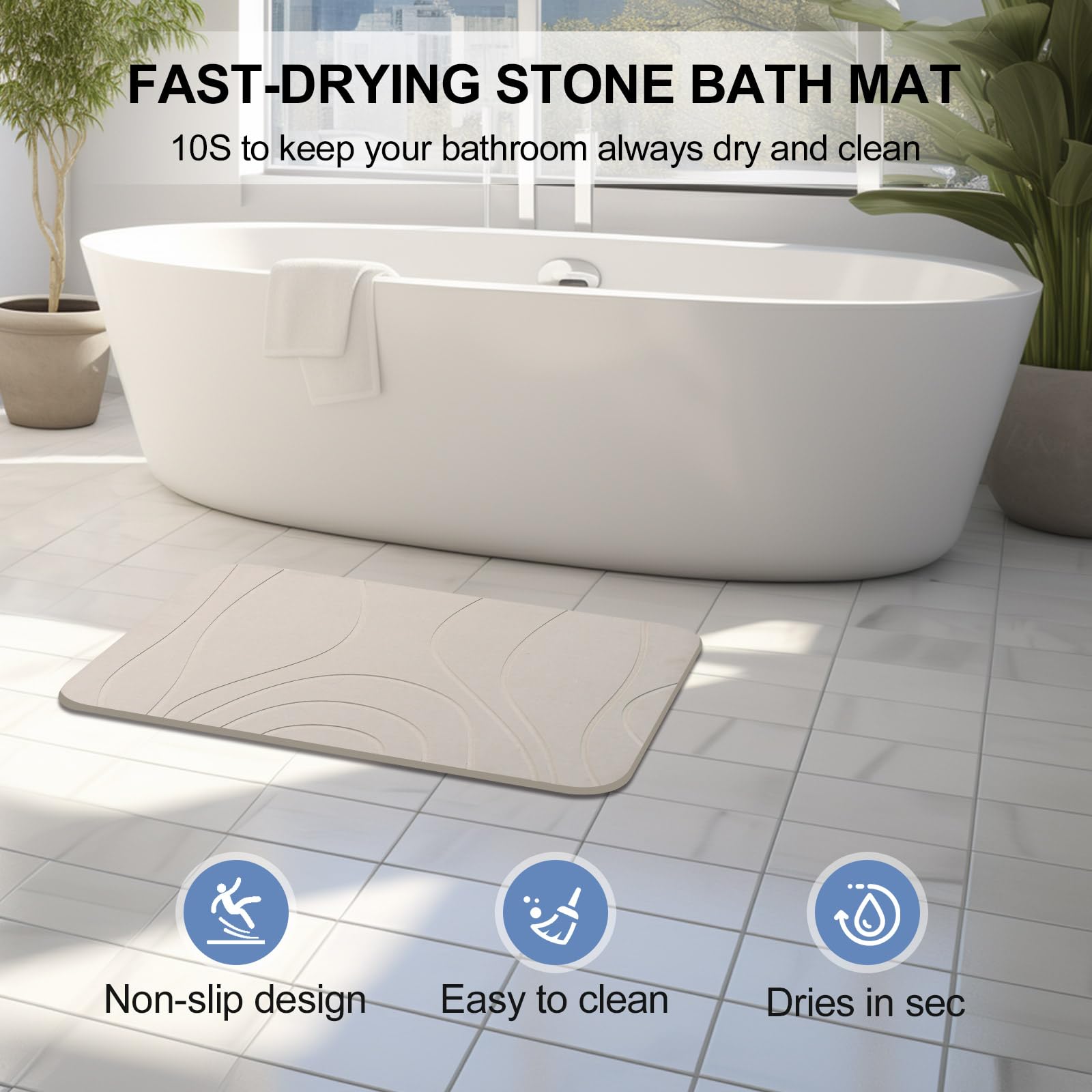 Humiga Stone Bath Mat, Diatomaceous Earth Shower Mat, Set Of 3, Non-Slip Super Absorbent Quick Drying Bathroom Floor Mat, 24X15,