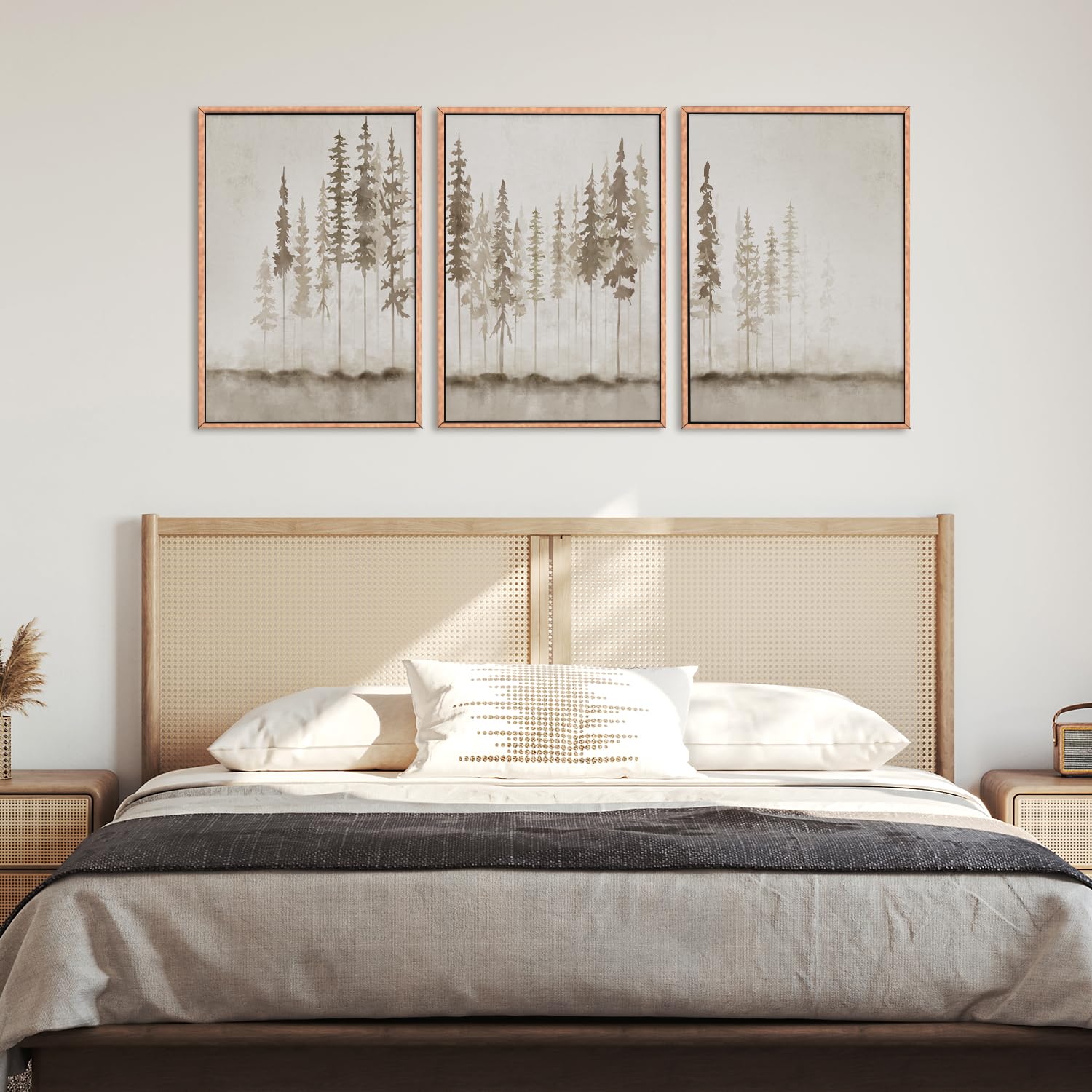 Hpinub Large Misty Forest Framed Canvas Wall Art Set, Modern Foggy Pine Tree Wall Decor, Pastel Nature Landscape Wall Painting,