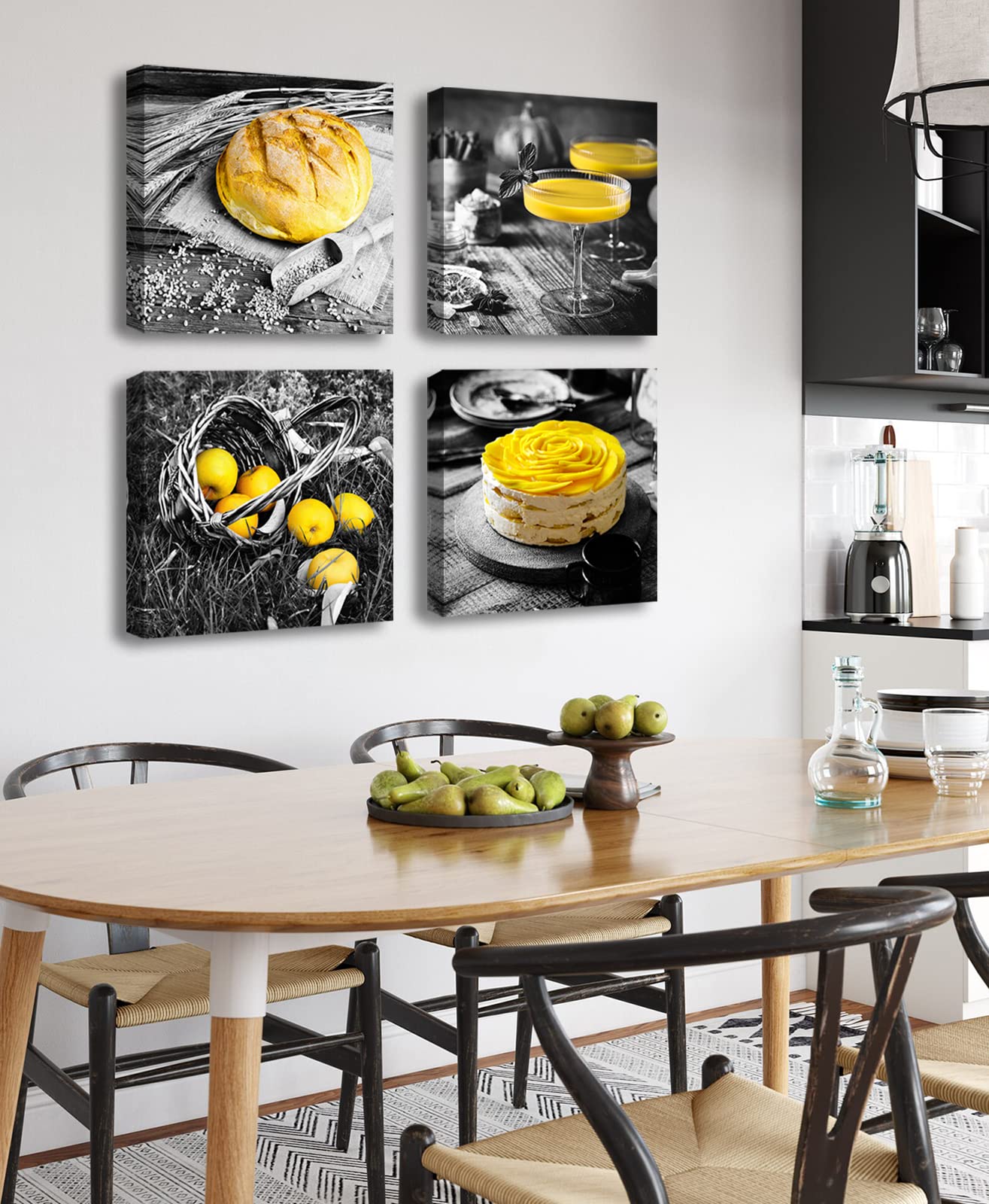 DJSYLIFE Kitchen Wall Decor Black and White Yellow Wall Art Bread Cake Fruit Picture Canvas Print Paintings for Cafe Dining Room Restaurant Farmhouse Kitchen Decoration 12'' Wx12 Hx4