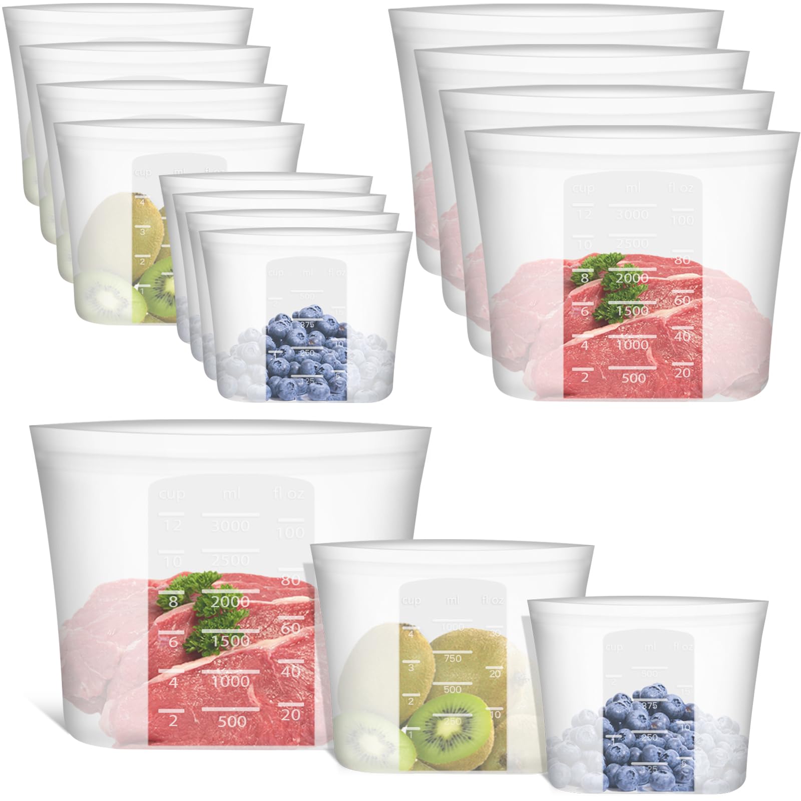 100% Silicone Reusable Storage Bag, 12 Pack Stand-Up Wide-Mouth Zip-Lock Food Storage Bags, Easy-Fill Easy-Open Easy-Clean Space