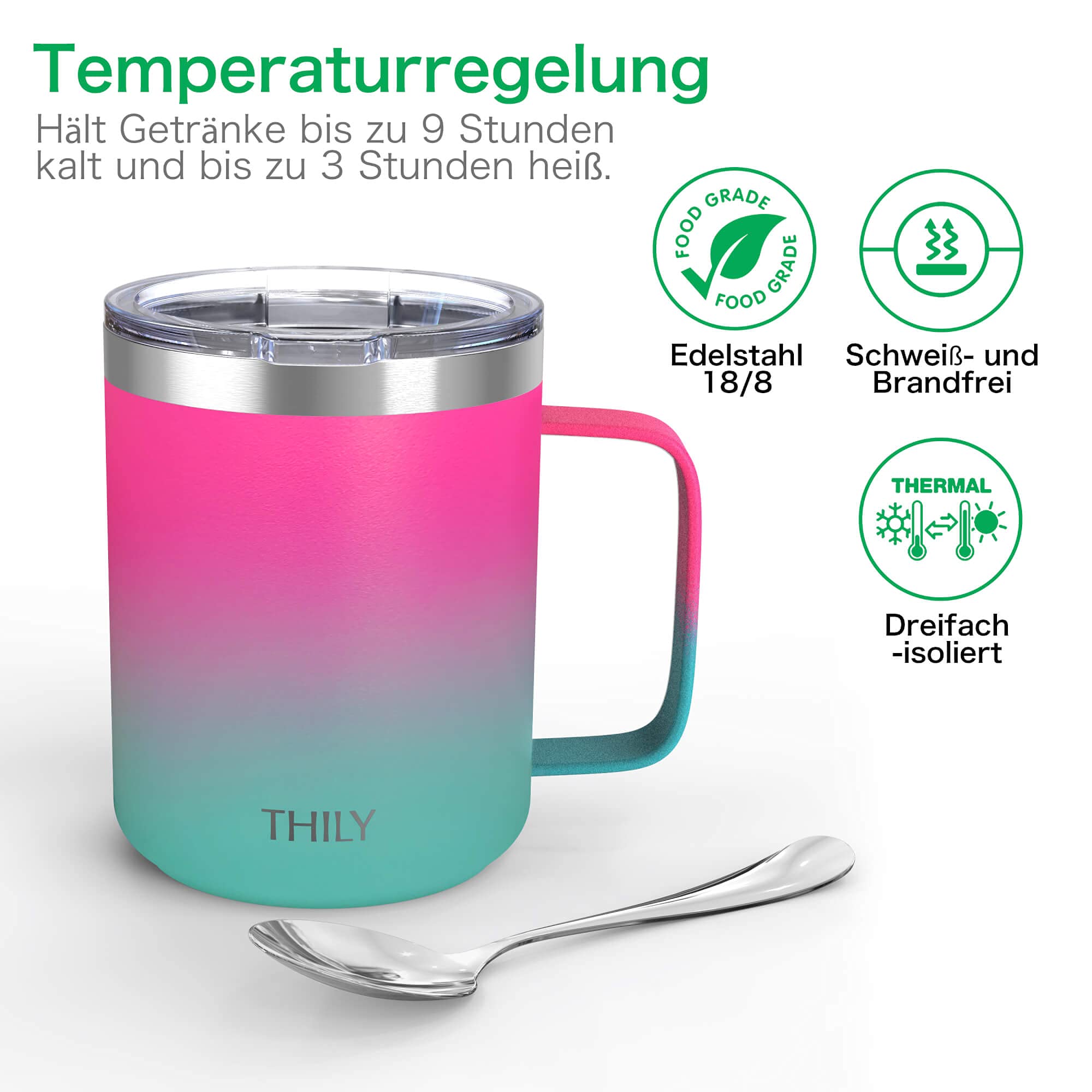 Thily Stainless Steel Insulated Travel Mug 12 Oz Vacuum Insulated Coffee Cup With Handle, Spill-Proof Lid, Keep Coffee Cold Or H