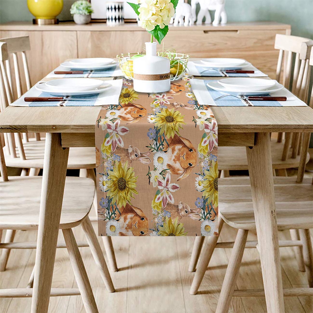 Easter Table Runner Cute Bunny Cotton Linen Dresser Scarves Sunflower Floral Watercolor Non-Slip Runner Rectangle Kitchen Tablec