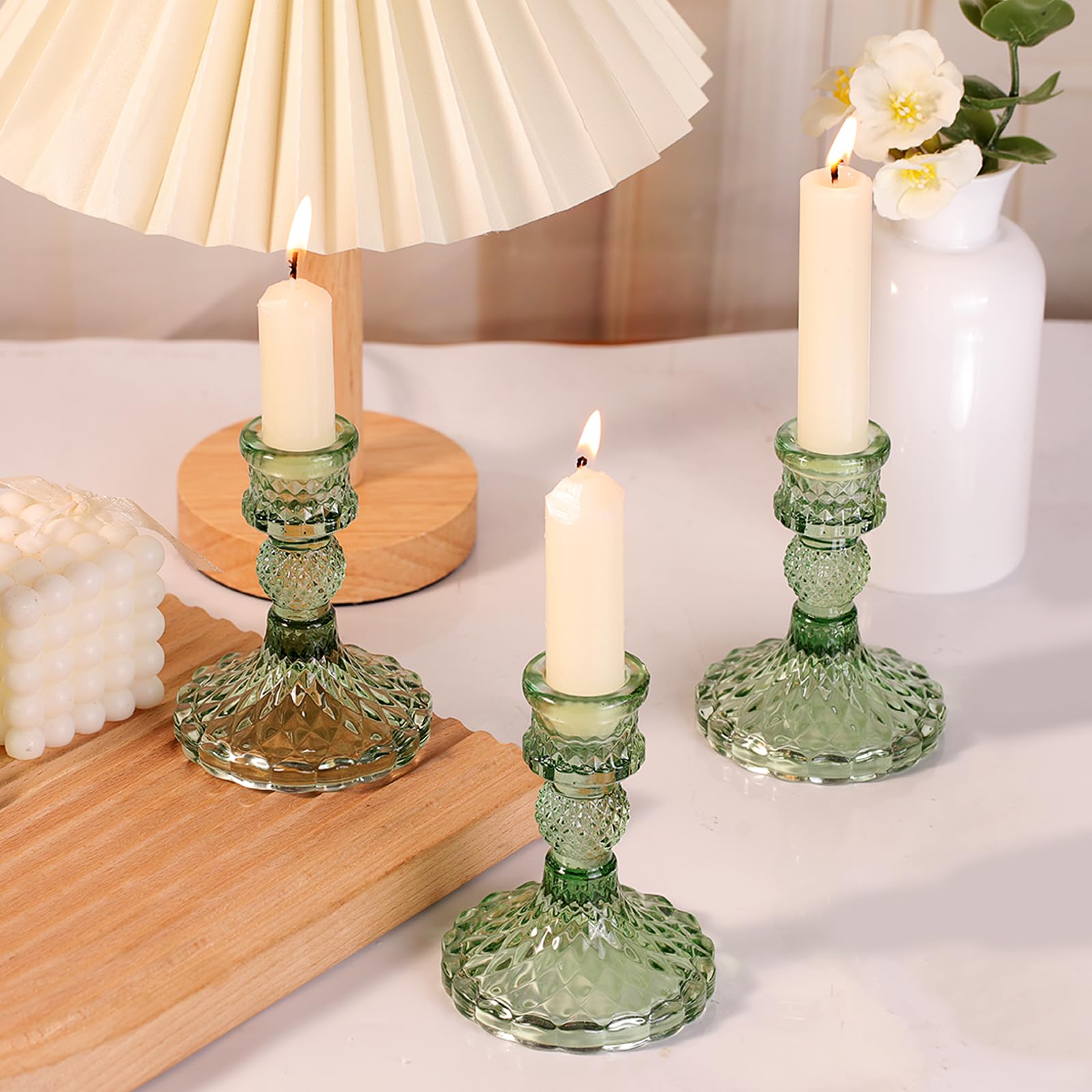 12Pcs Green Candlestick Holders Set- 4 H Taper Candle Holders Bulk, Glass Candle Holders for Wedding, Party, Romantic Dinner Tab