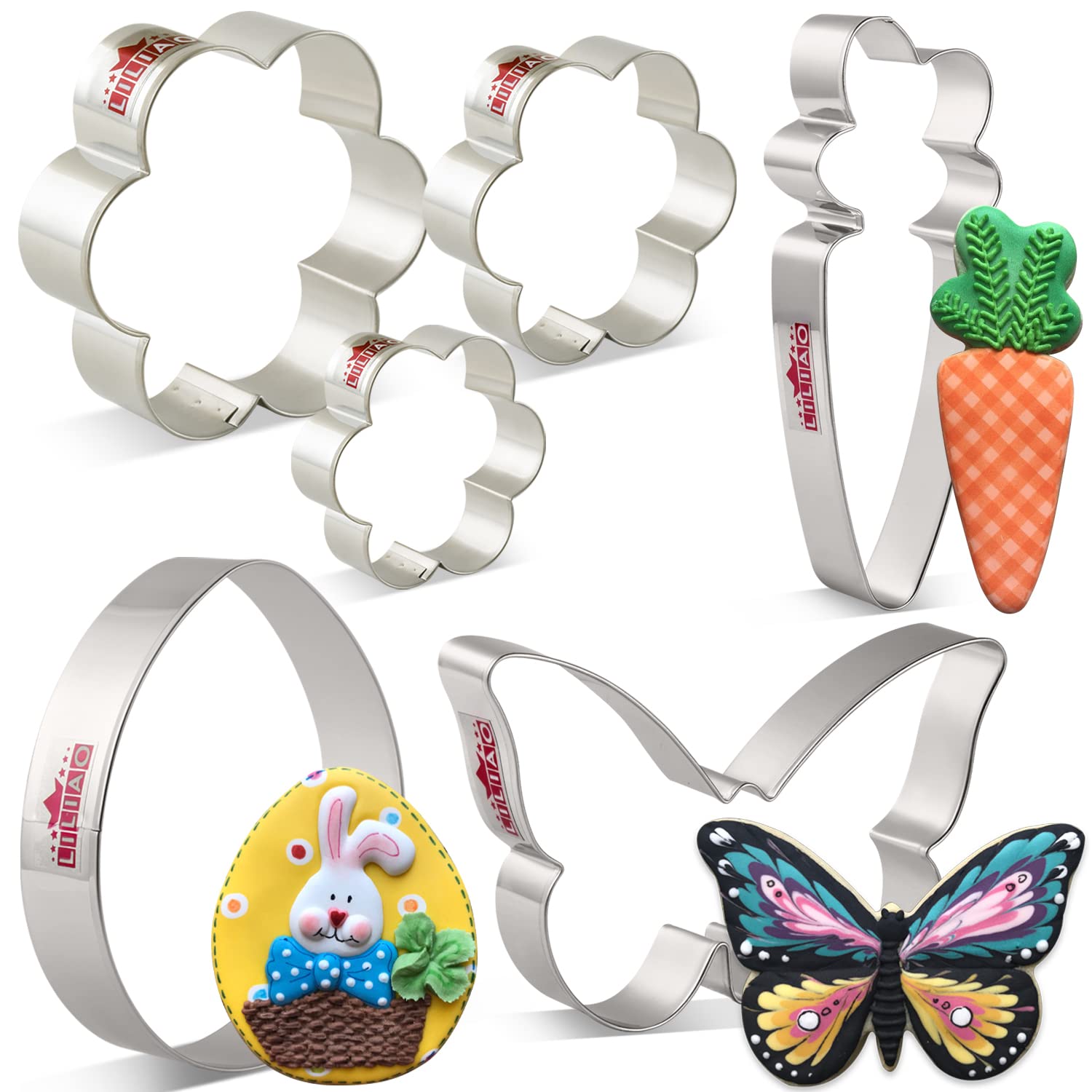 Liliao Easter Cookie Cutter Set, 6-Pc, Butterfly, Egg, Carrot And Flowers In 3 Various Sizes, Stainless Steel