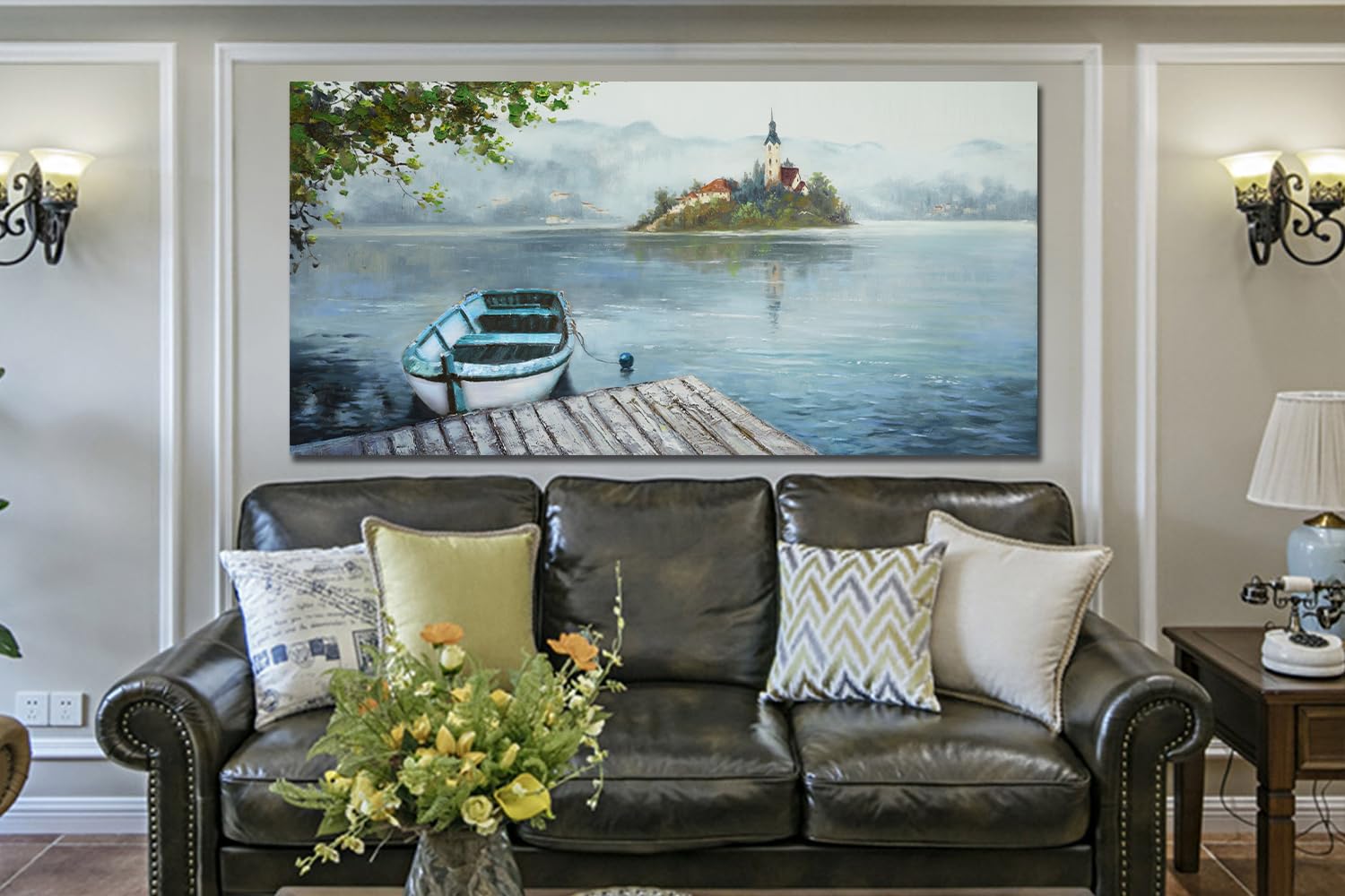 Ardemy Lake Canvas Wall Art Blue Grey Sky Nature Landscape Painting Boat Picture Modern Scenic Artwork Framed Large Size For Liv