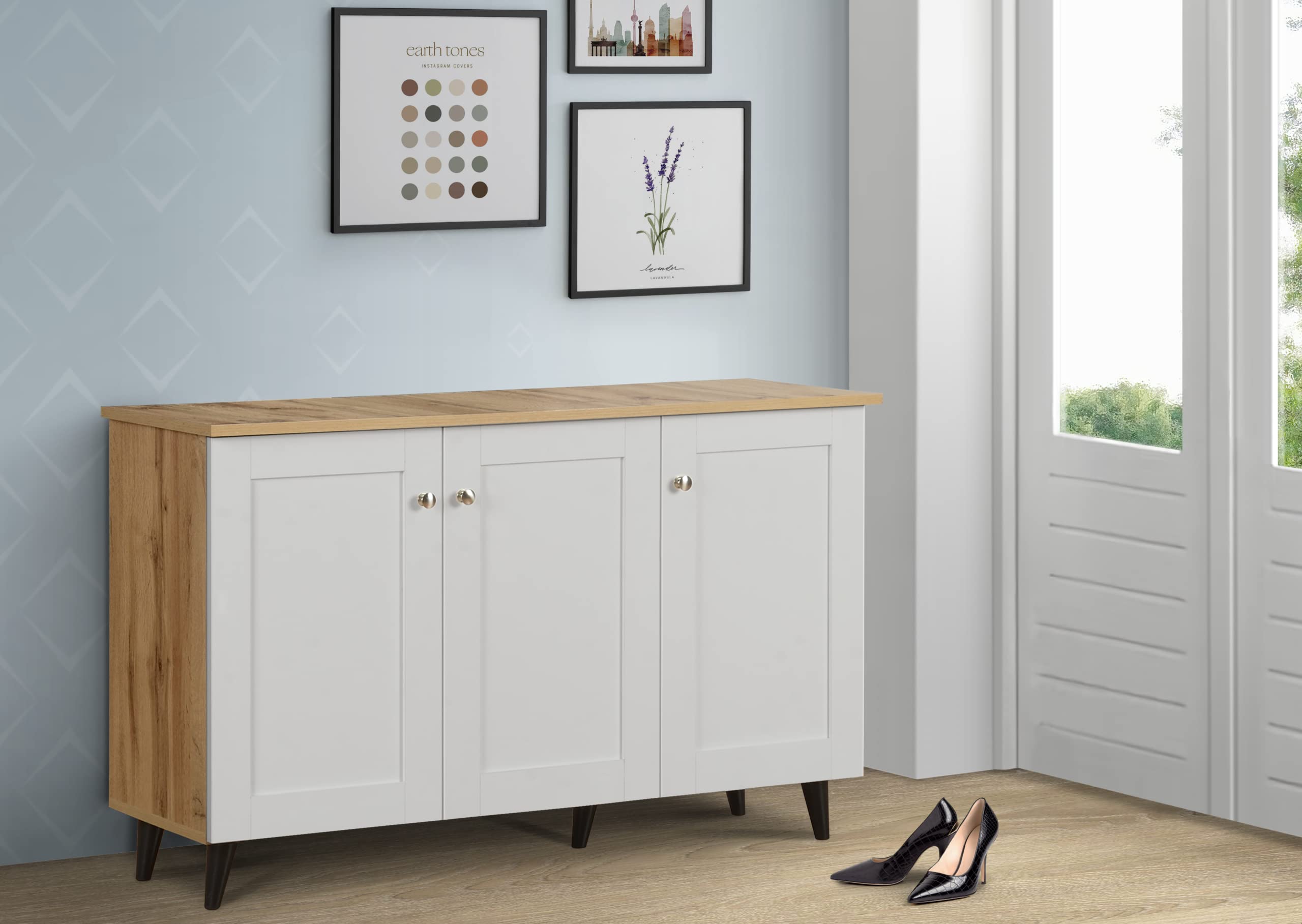 Deckup Plank Lexis 3Door Engineered Wood Shoe Rack (Wotanoak And White, Matte Finish)