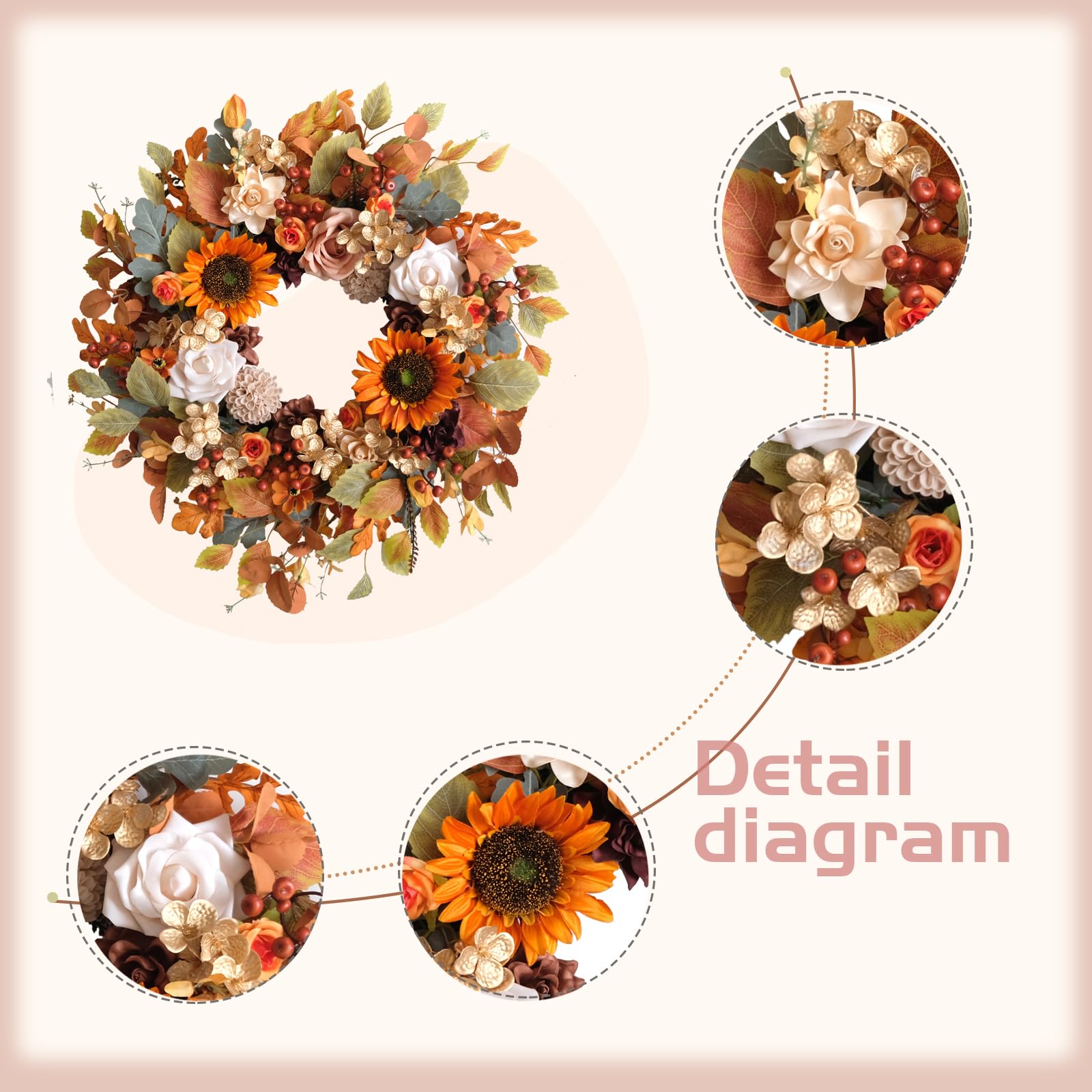 22 Inch Fall Wreaths for Front Door Artificial Flower Wreath with Sunflowers Leaves Large Autumn Farmhouse Wreath for Inside Out