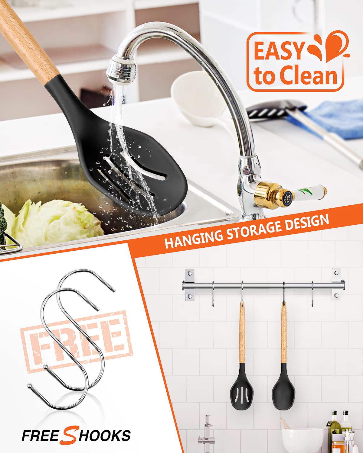 Large Silicone Cooking Spoons, 2 Pack Nonstick Solid And Slotted Wooden Handle Spoon Set, Heat Resistan Silicone Kitchen Spoons
