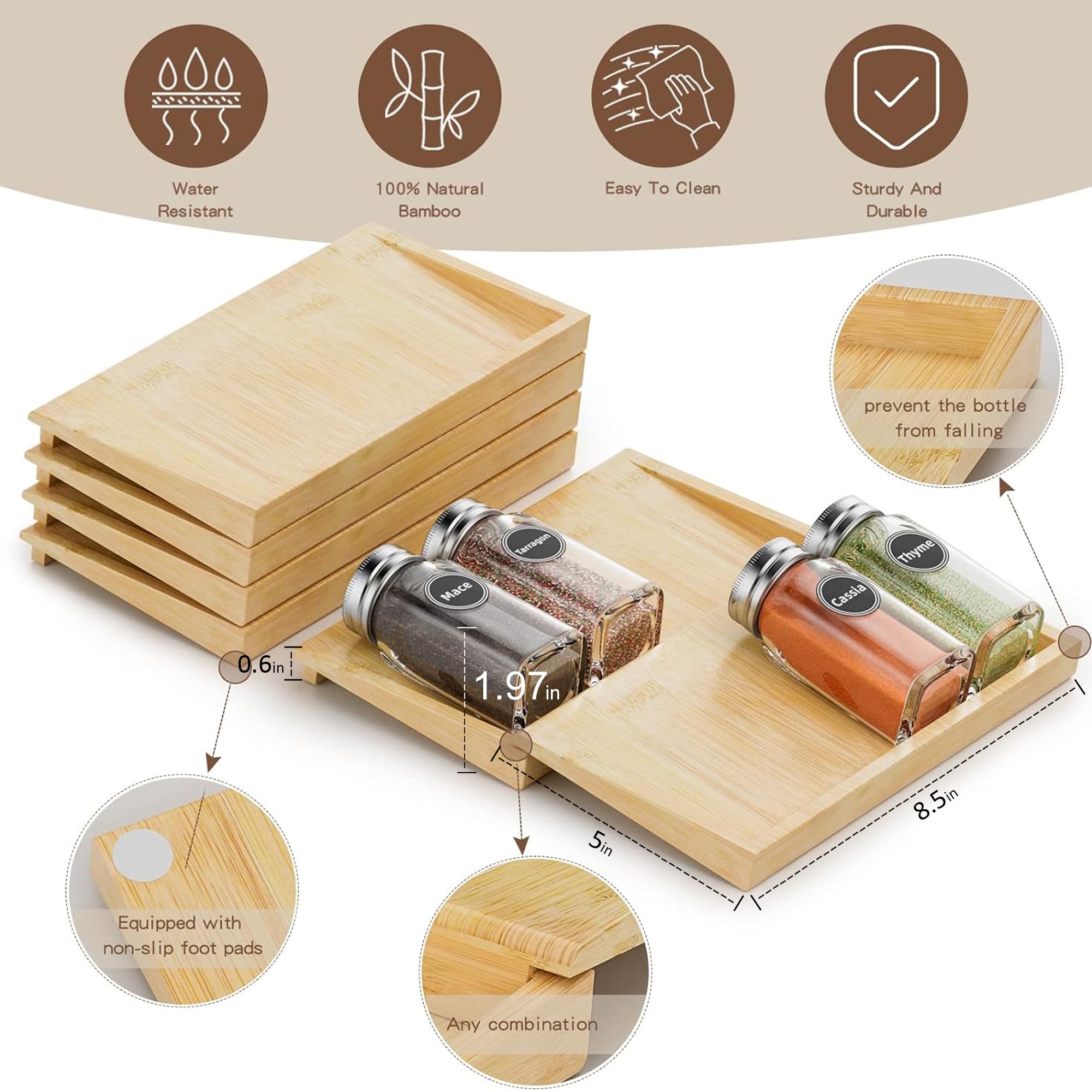 Minboo Bamboo Spice Drawer Organizer With 24 Spice Jars, 432 Spice Labels With Chalk Marker And Funnel Complete Set, Kitchen Dra