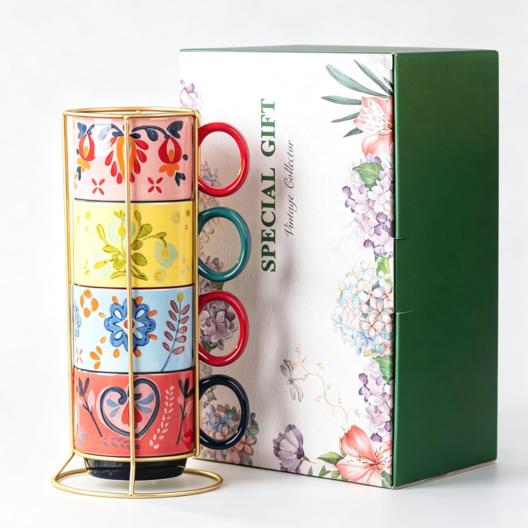 CABILON 12.5oz Stackable Ceramic Coffee Mug Set of 4, Colorful Boho Floral Cups with Gold Iron Rack Stand, for Latte, Cappuccino