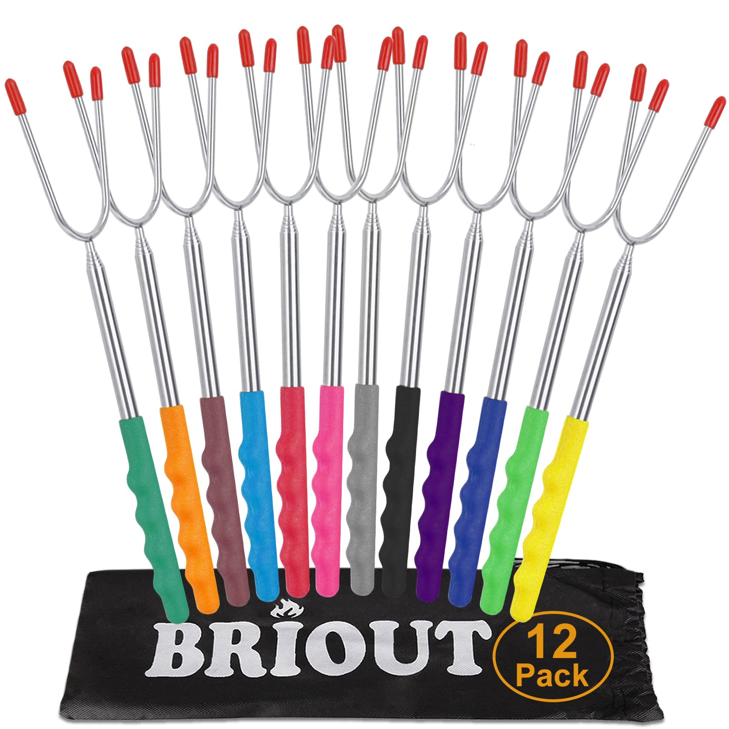 Briout Marshmallow Roasting Sticks 12 Colors Extra Long 45'' Stainless Telescoping Hot Dog Smores Skewers Kids Safe Barbecue For