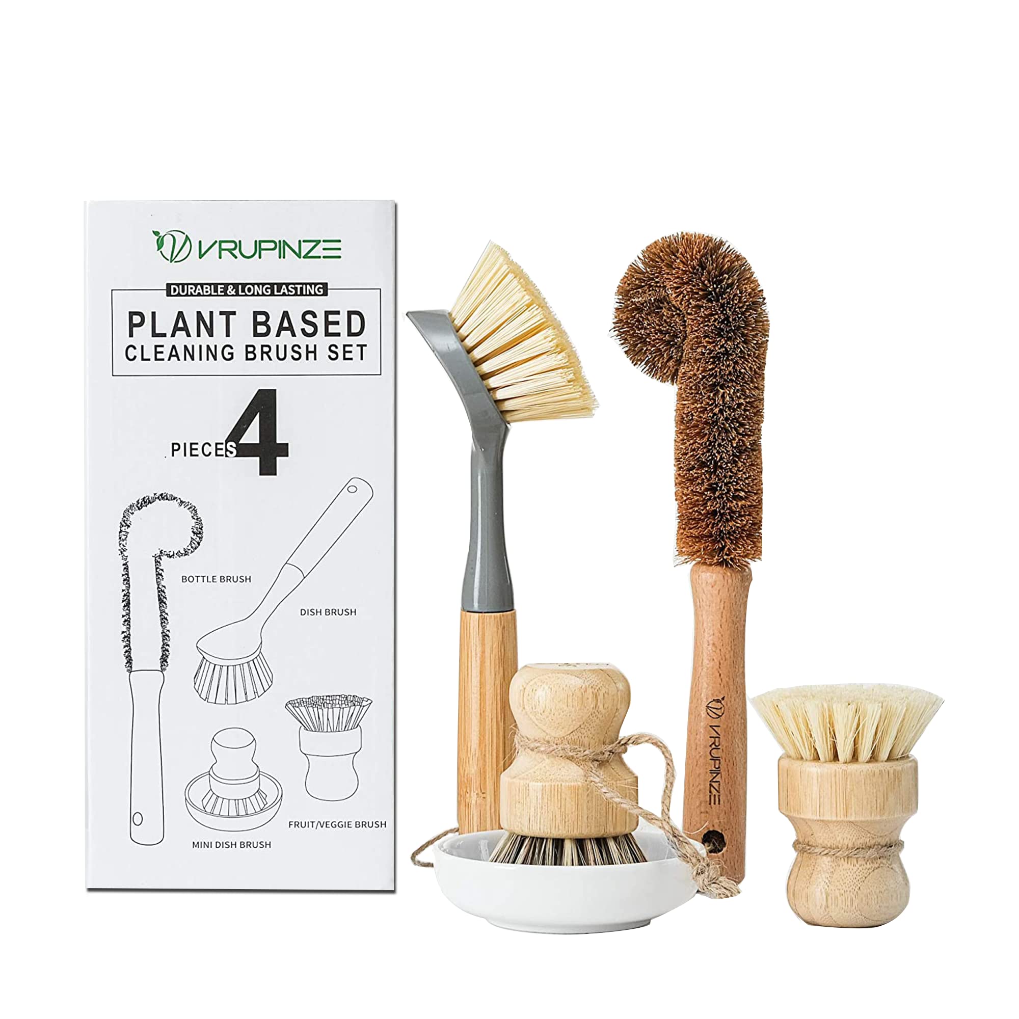 Vrupinze Natural Bamboo Dish Brush Bottle Scrub Brush 4-Piece Set, With Ceramic Soap Dispenser - Wooden Washing Up Brushes With